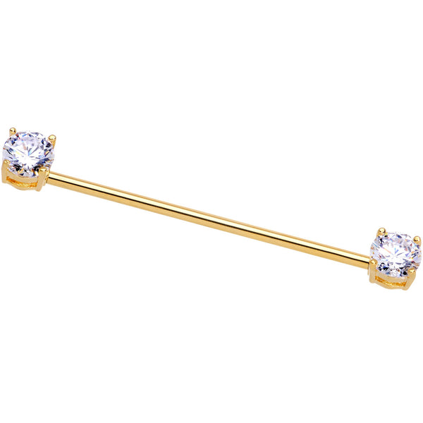 Clear CZ Gem Gold Tone End to End Industrial Barbell 38mm