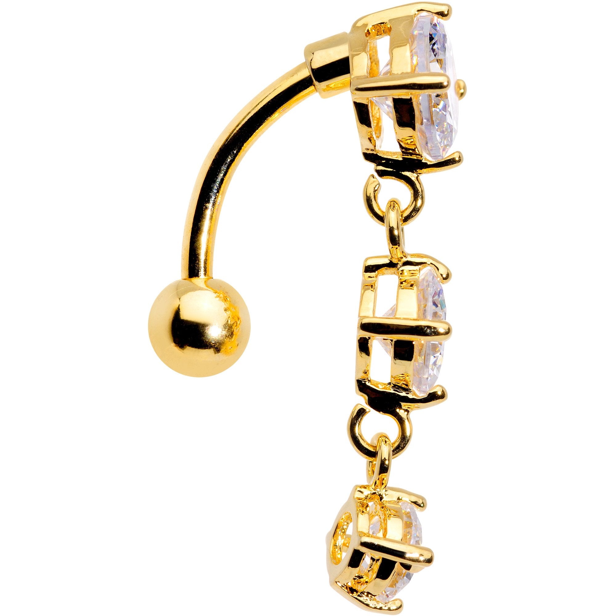 Clear CZ Gem Gold Plated Trio Tier Top Mount Dangle Belly Ring