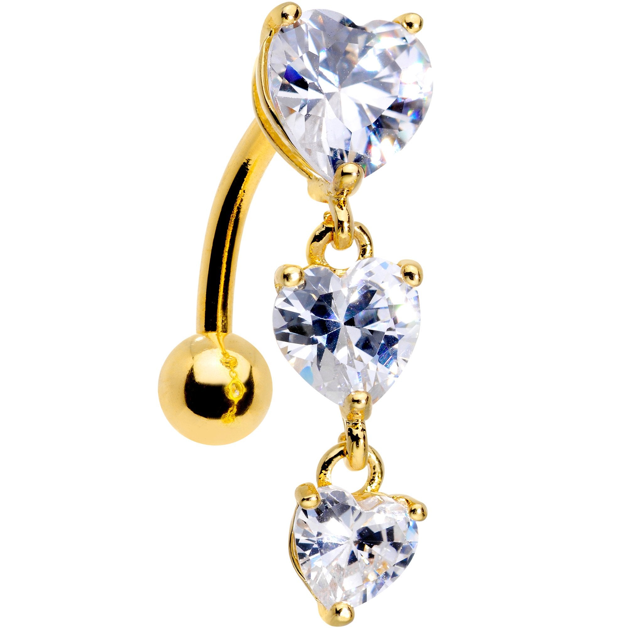 Clear CZ Gem Gold Plated Tri Heart Top Mount Dangle Belly Ring