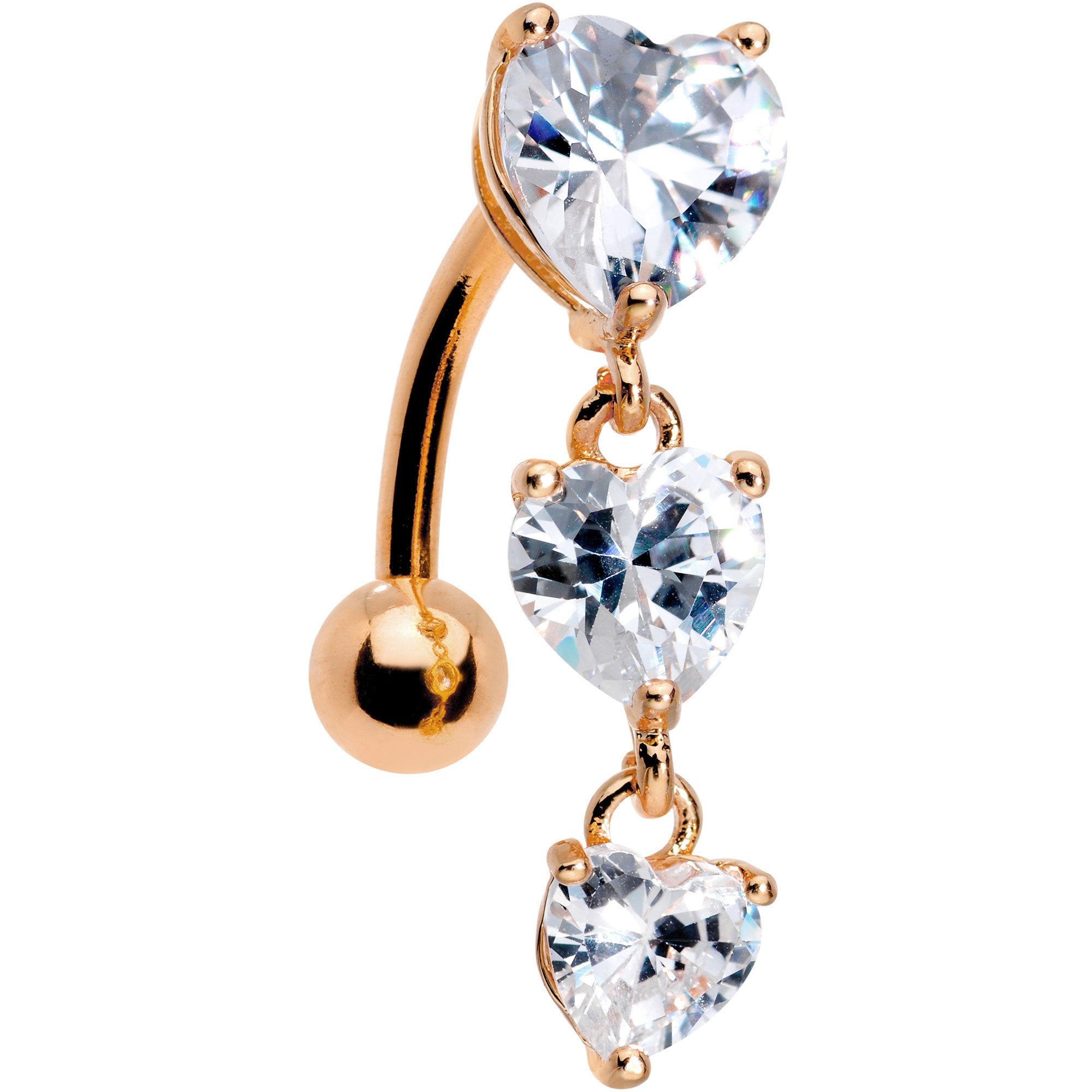 Clear CZ Gem Rose Gold Plated Tri Heart Top Mount Dangle Belly Ring