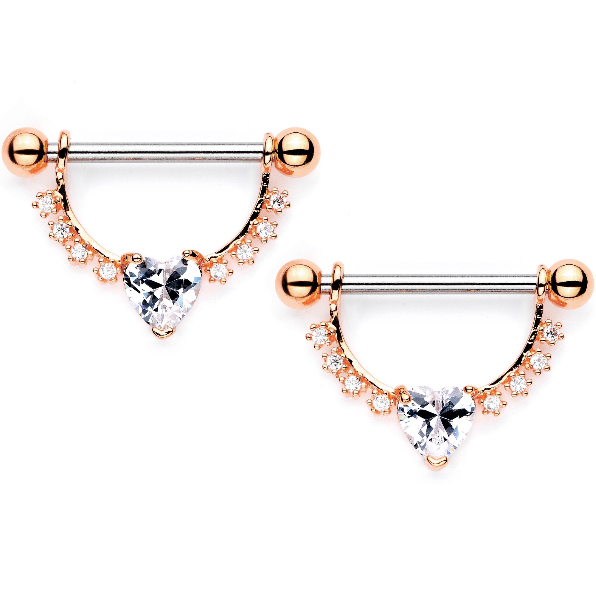 Clear CZ Gem Rose Gold Tone Lacy Heart Dangle Barbell Nipple Ring Set