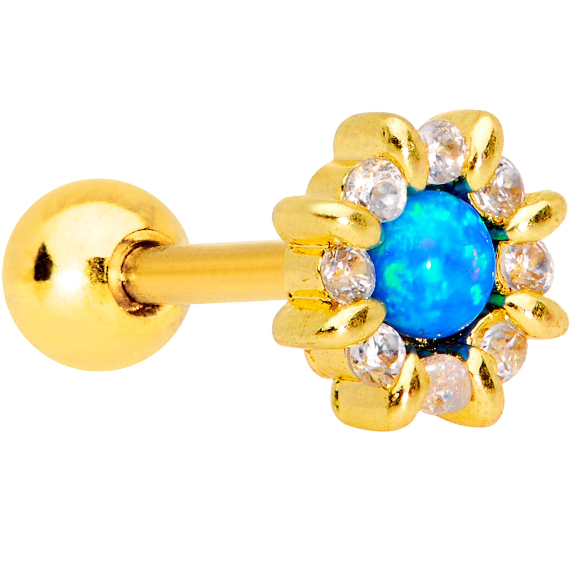 Aqua Synthetic Opal Gold PVD Sun Flower Tragus Cartilage Earring