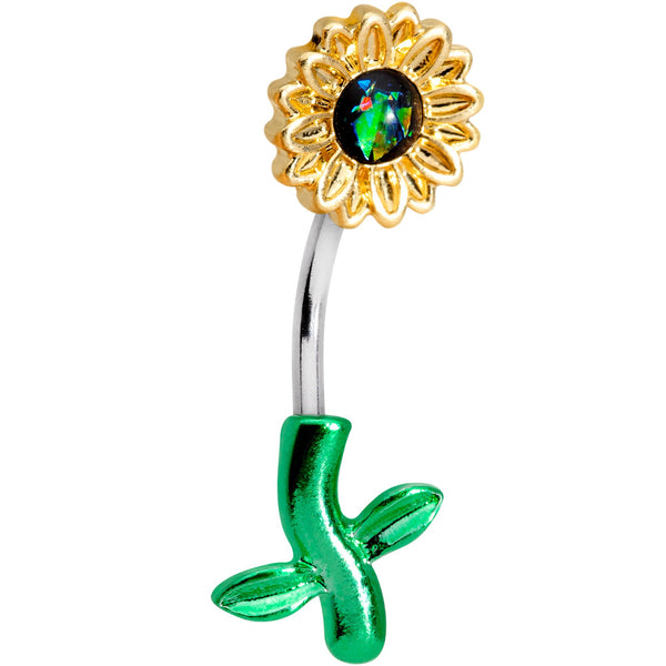 Green Faux Opal Yellow Sunflower Leaf Double Mount Belly Ring