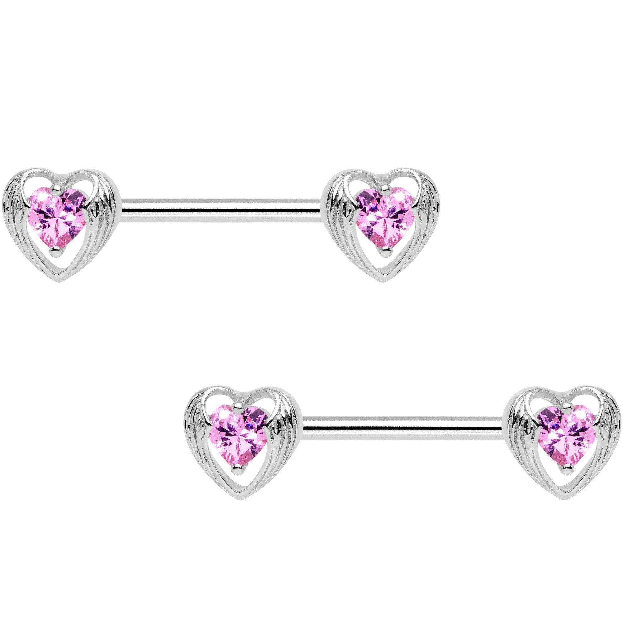 9/16 Pink CZ Gem Hugged Heart Barbell Nipple Ring Set
