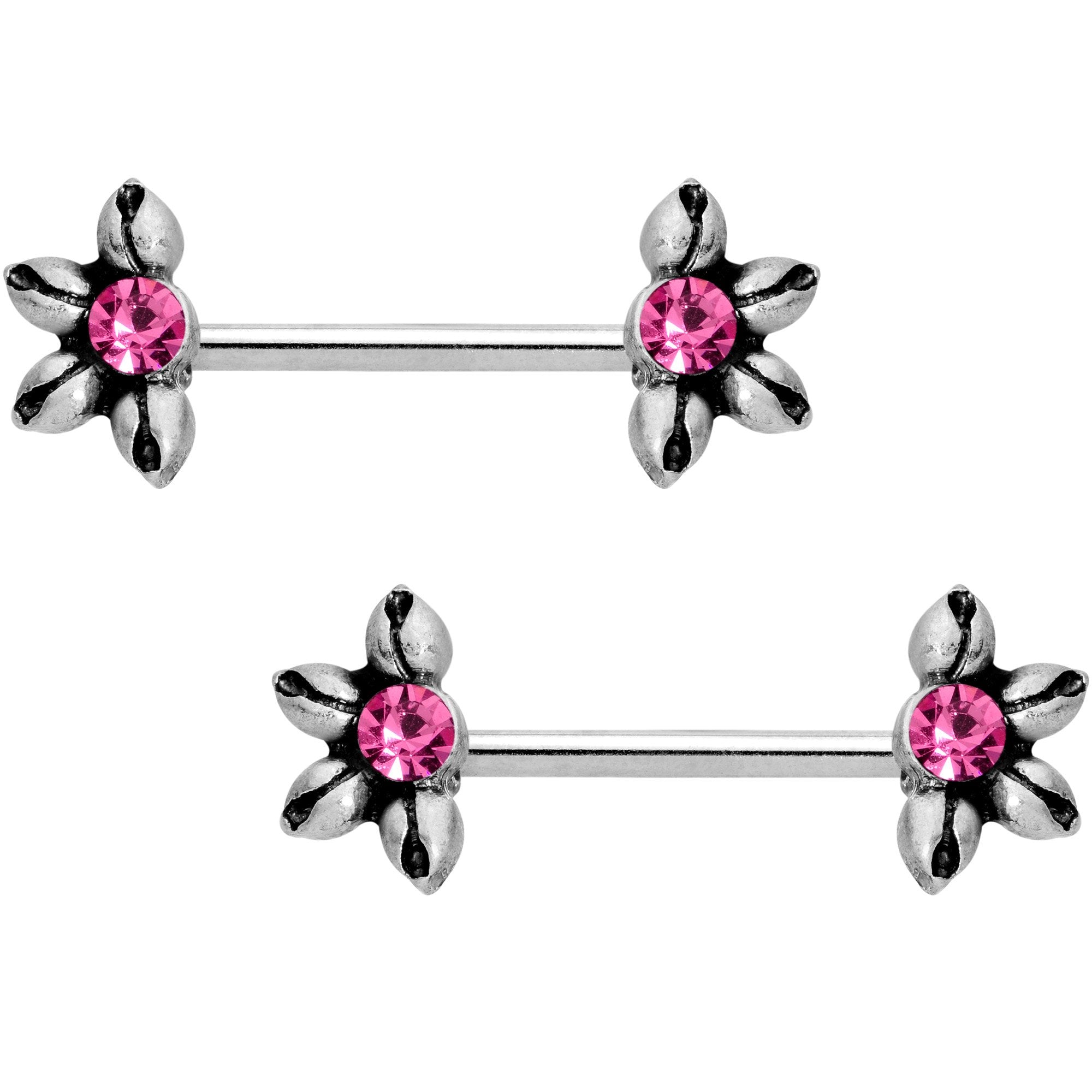 9/16 Pink CZ Blooming Flower Barbell Nipple Ring Set