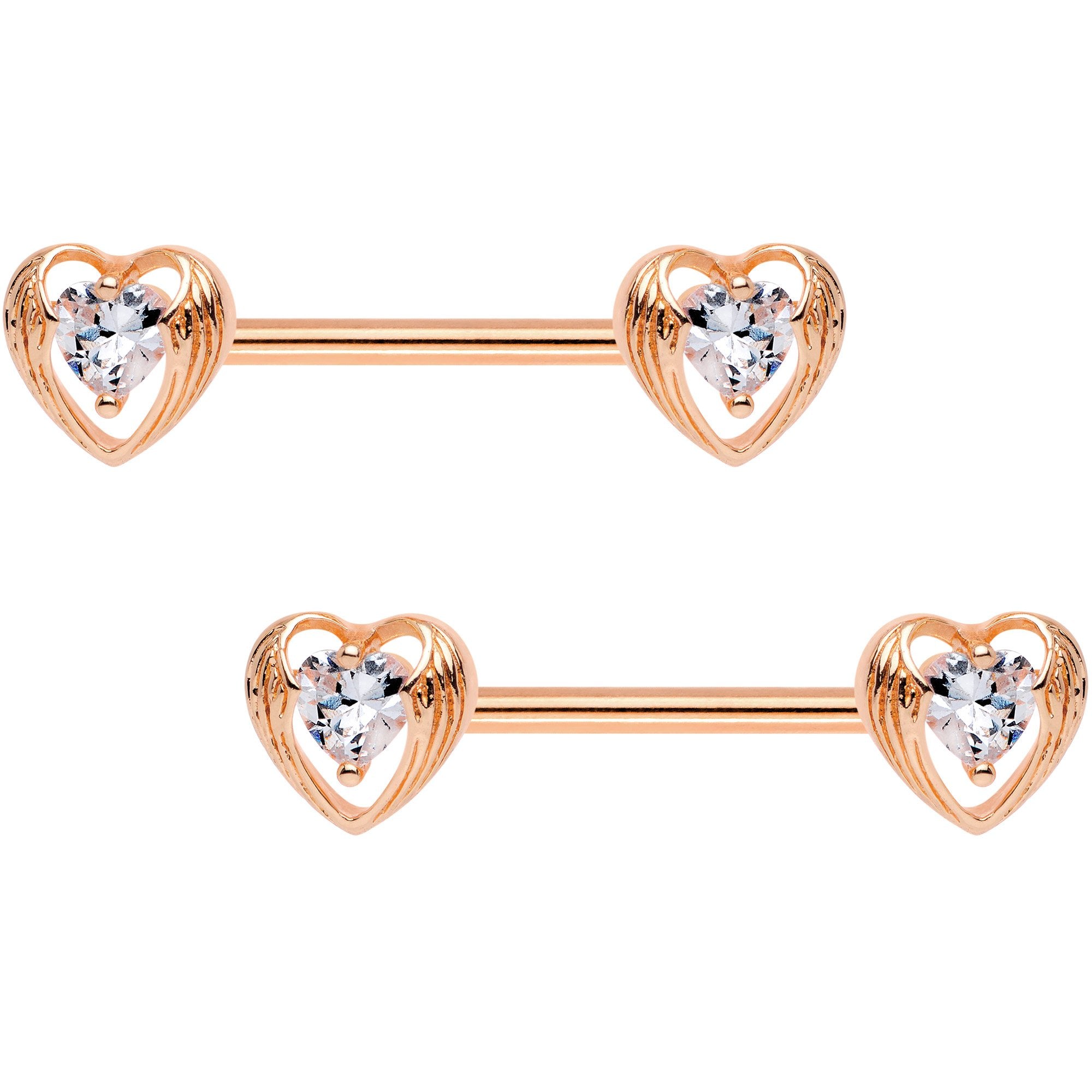 Clear CZ Rose Gold Tone Anodized Hugged Heart Barbell Nipple Ring Set