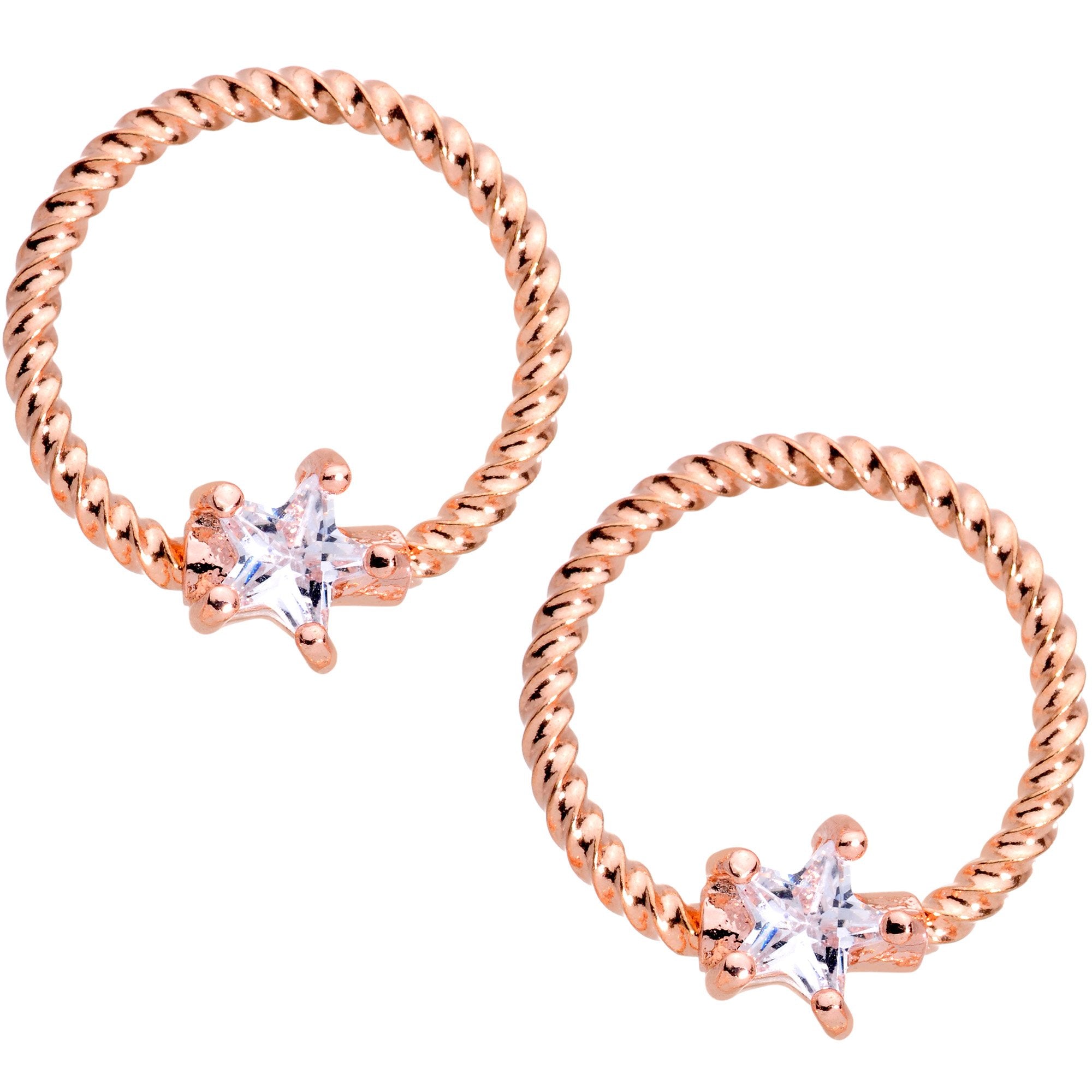 14 Gauge Clear CZ Gem Star Rose Gold Hue BCR Barbell Nipple Ring Set