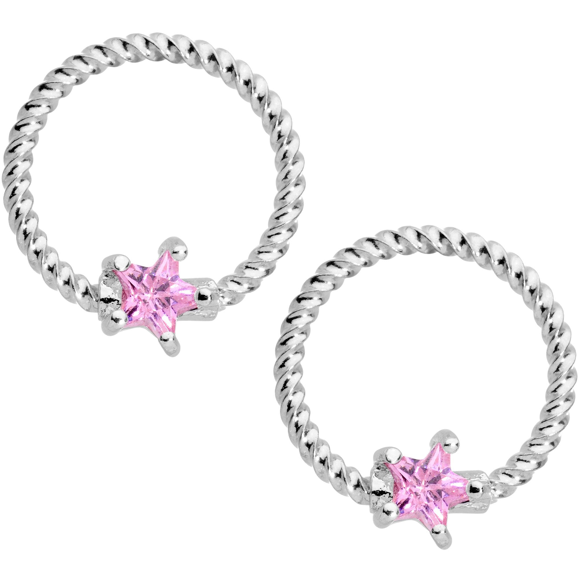 14G Pink CZ Gem Star Twisted BCR Barbell Nipple Ring Set of 4