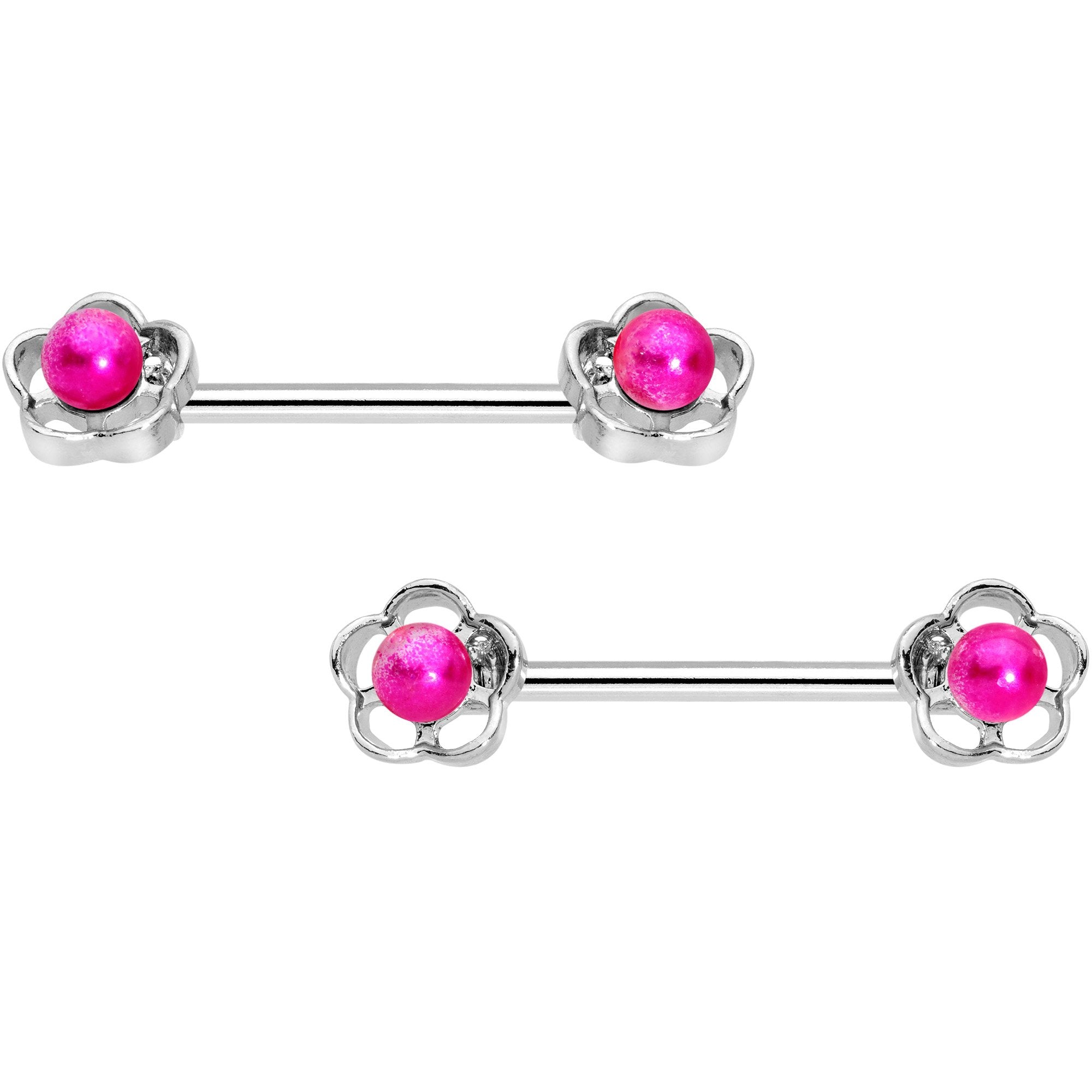 9/16 Pink Orb Hollow Flower Barbell Nipple Ring Set