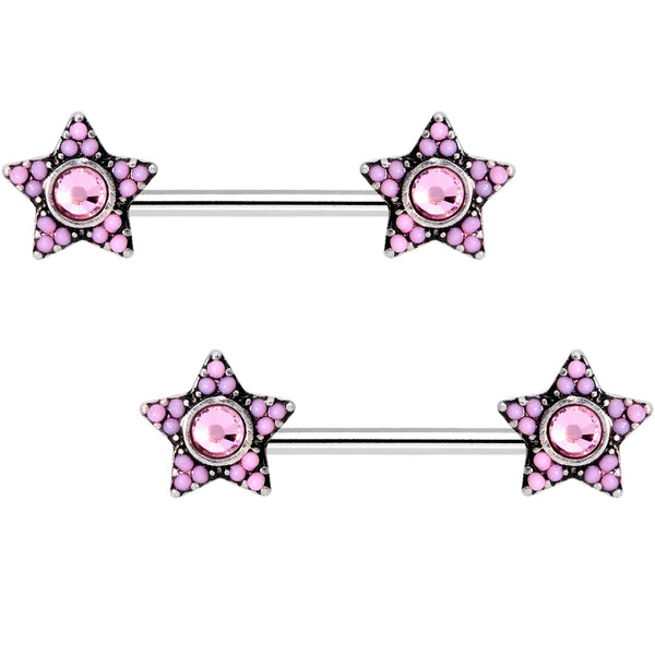 9/16 Pink Gem Encrusted Big Star Barbell Nipple Ring Set