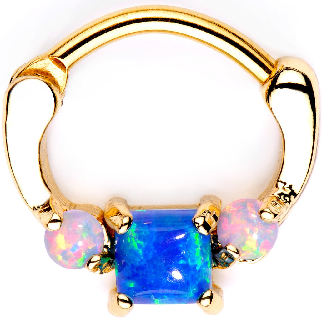 Blue Square Synthetic Opal Gold Tone Anodized Septum Clicker