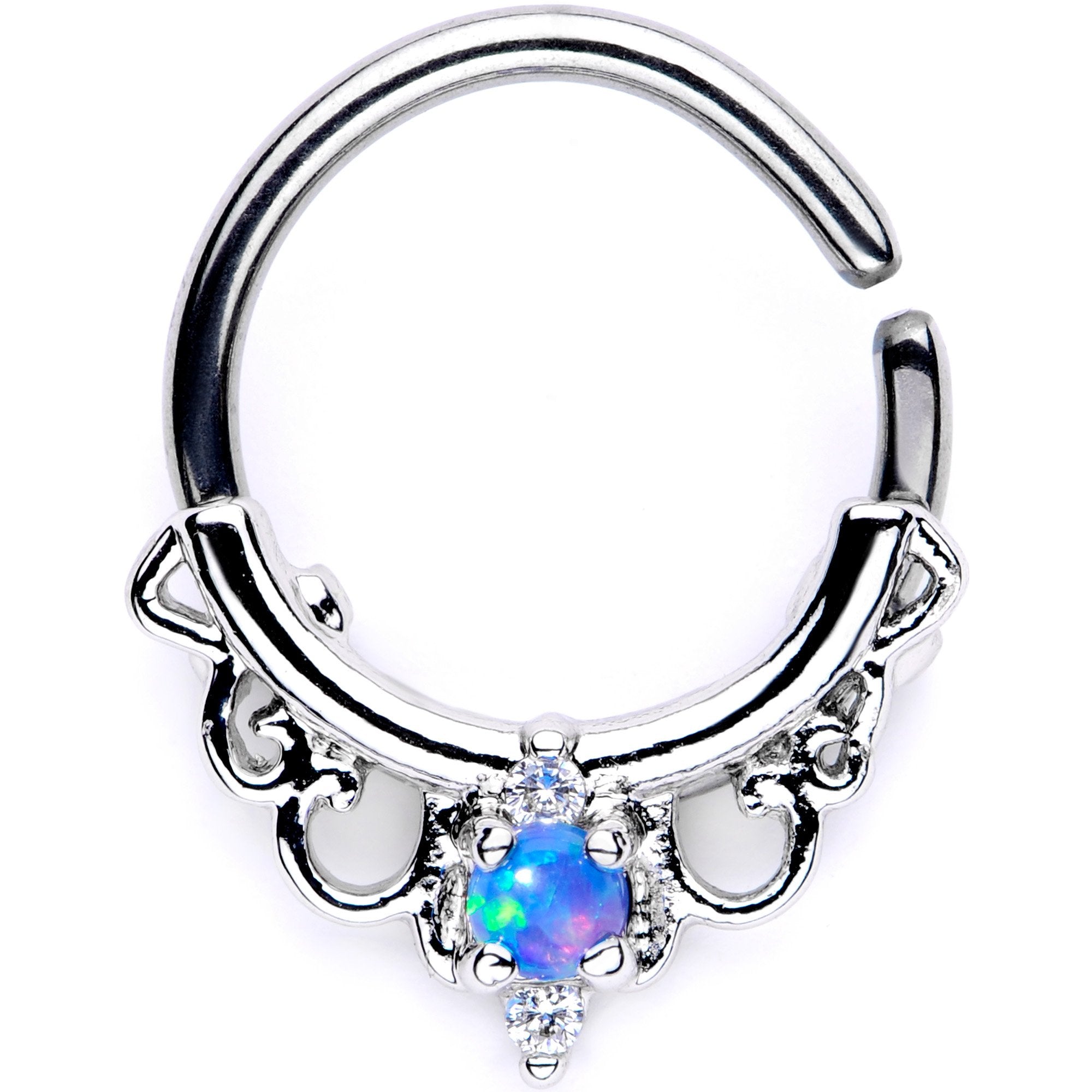 16 Gauge 3/8 Blue Synthetic Opal Filigree Seamless Circular Ring