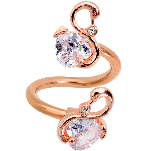 Clear CZ Gem Rose Gold PVD Twin Swans Spiral Twister Belly Ring