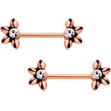 Clear CZ Gem Rose Gold Tone Blooming Flower Barbell Nipple Ring Set