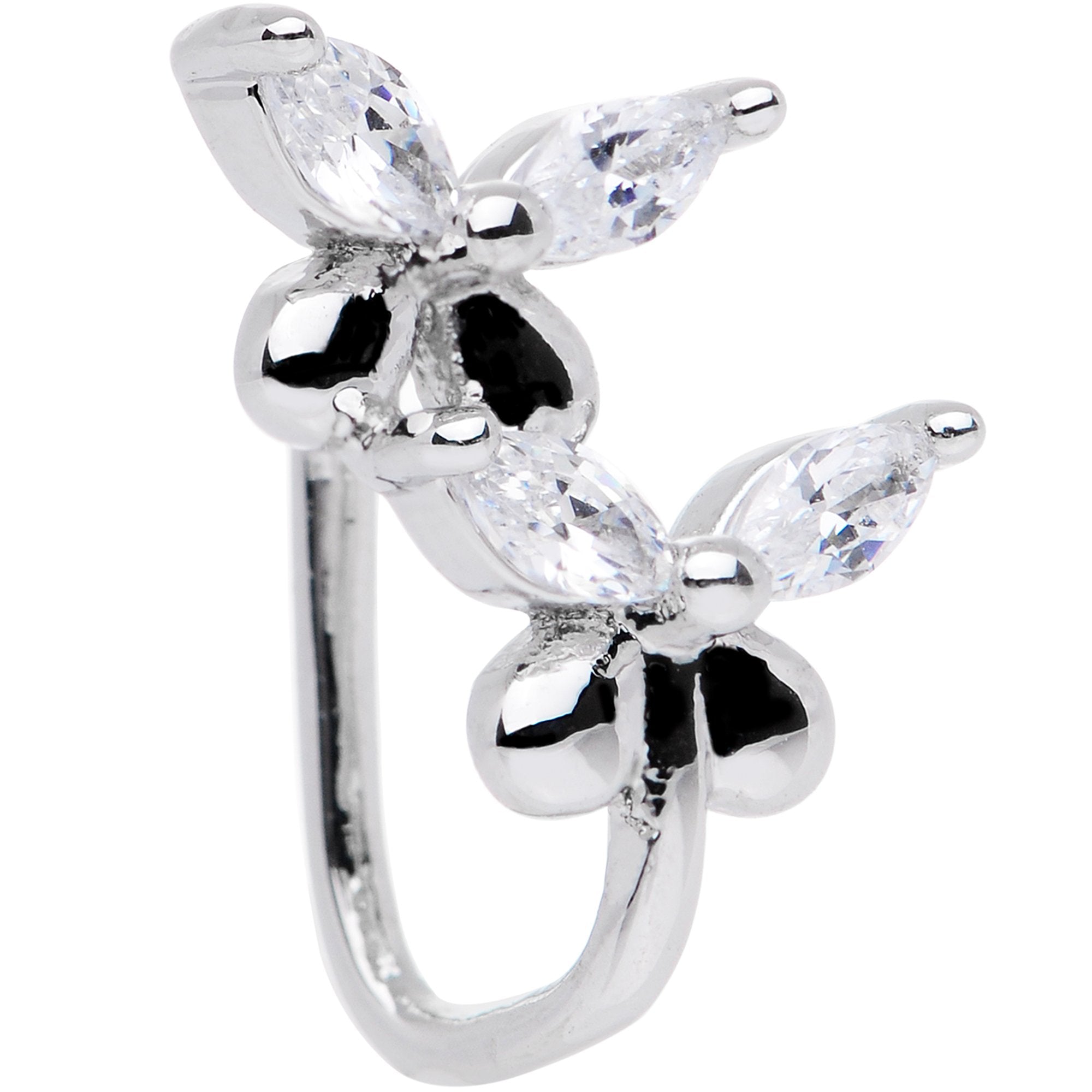 Clear CZ Gem Rhodium Plated Twin Butterfly Clip On Fake Nose Ring