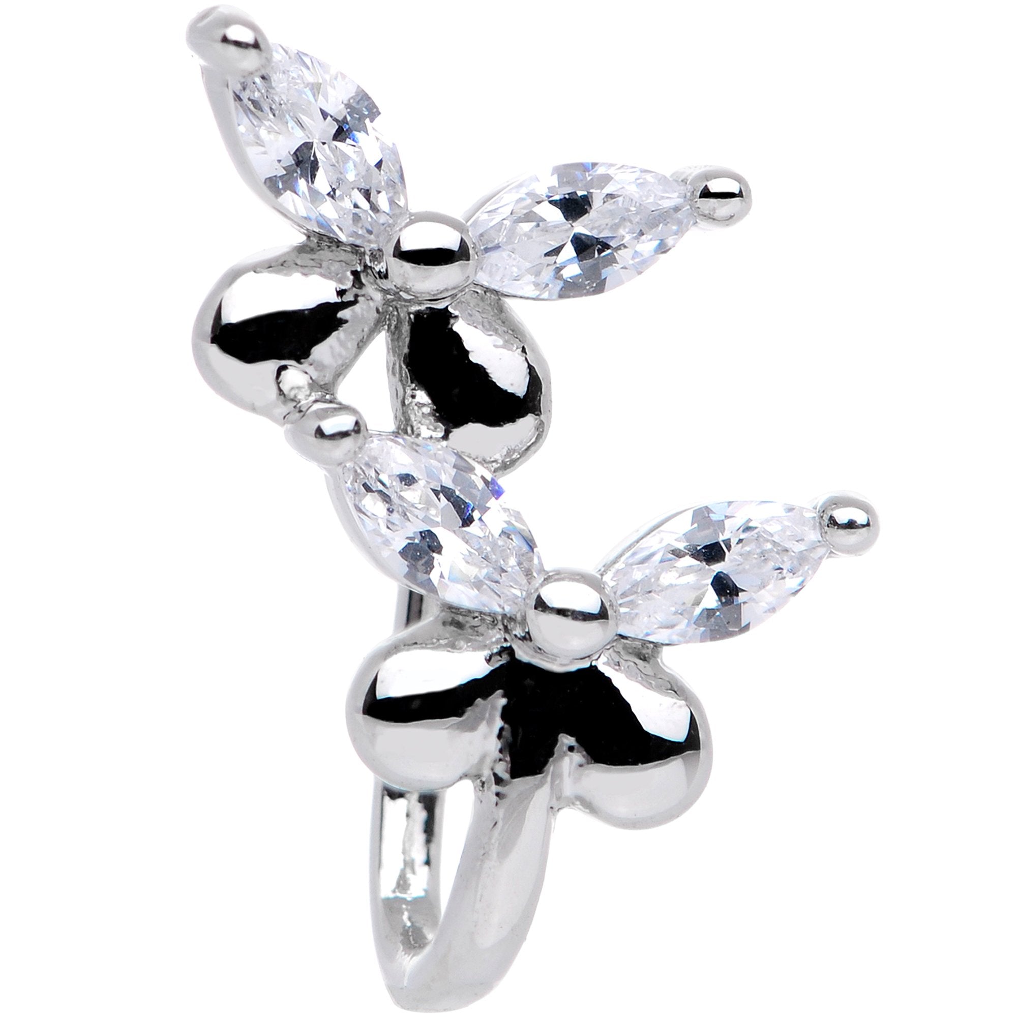 Clear CZ Gem Rhodium Plated Twin Butterfly Clip On Fake Nose Ring