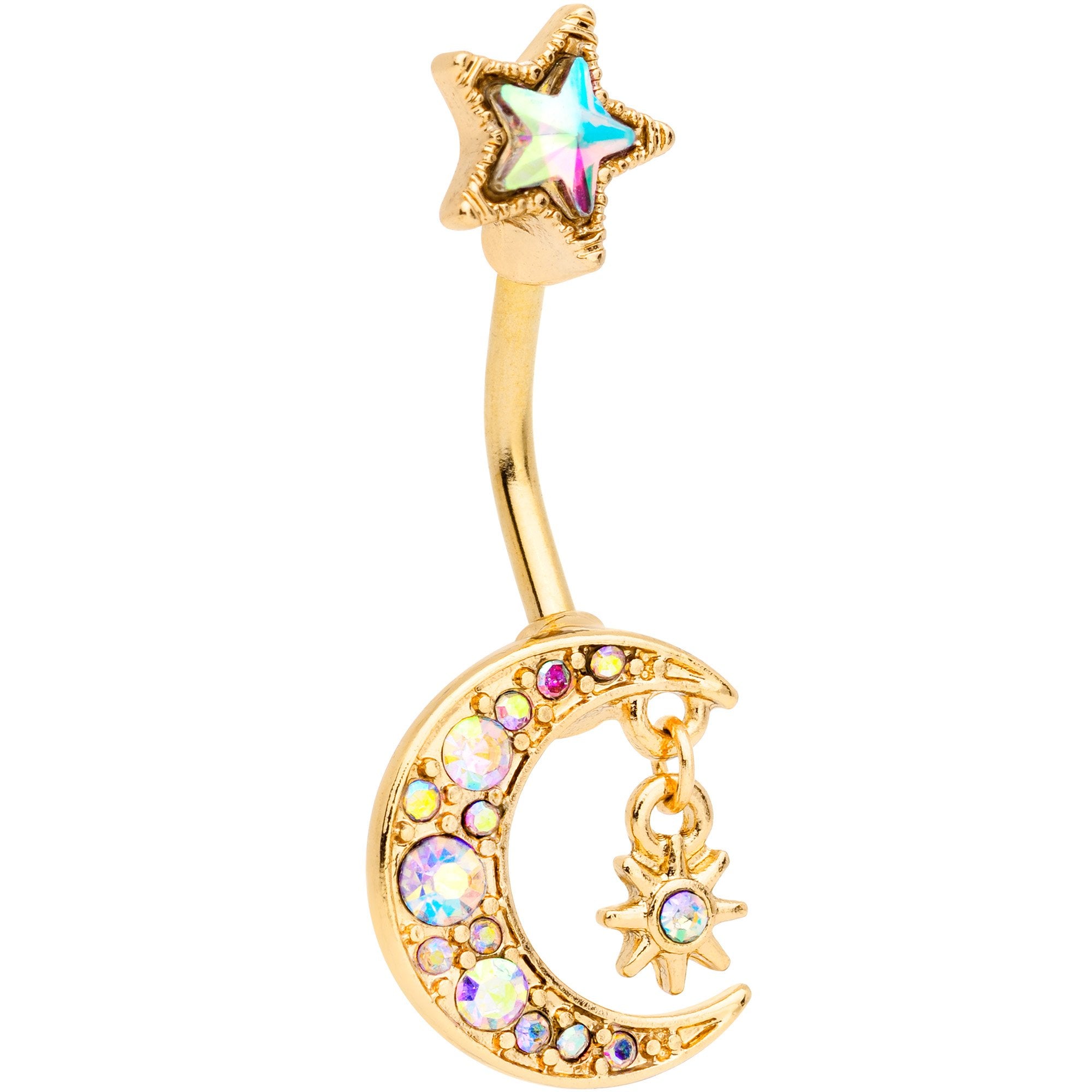 Aurora Gem Gold Tone Moon and Star Double Mount Belly Ring
