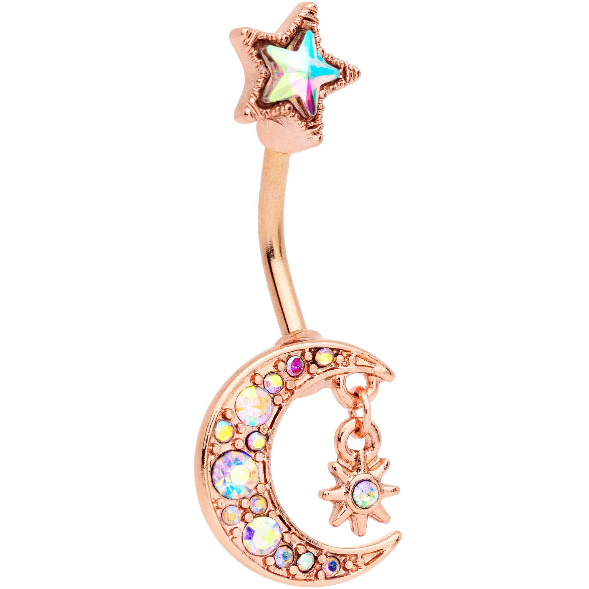 Aurora Gem Rose Gold Tone Moon and Star Double Mount Belly Ring