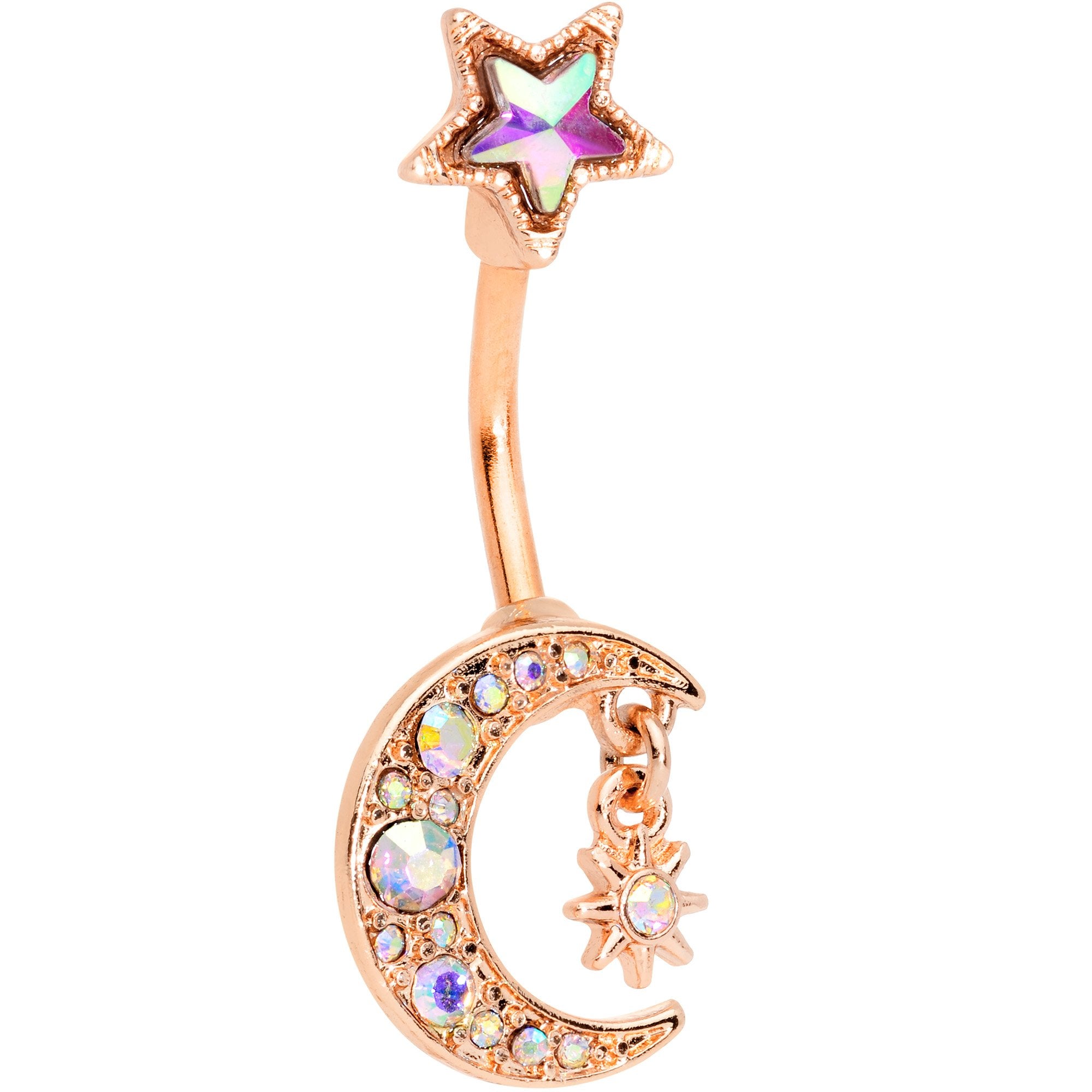 Aurora Gem Rose Gold Tone Moon and Star Double Mount Belly Ring