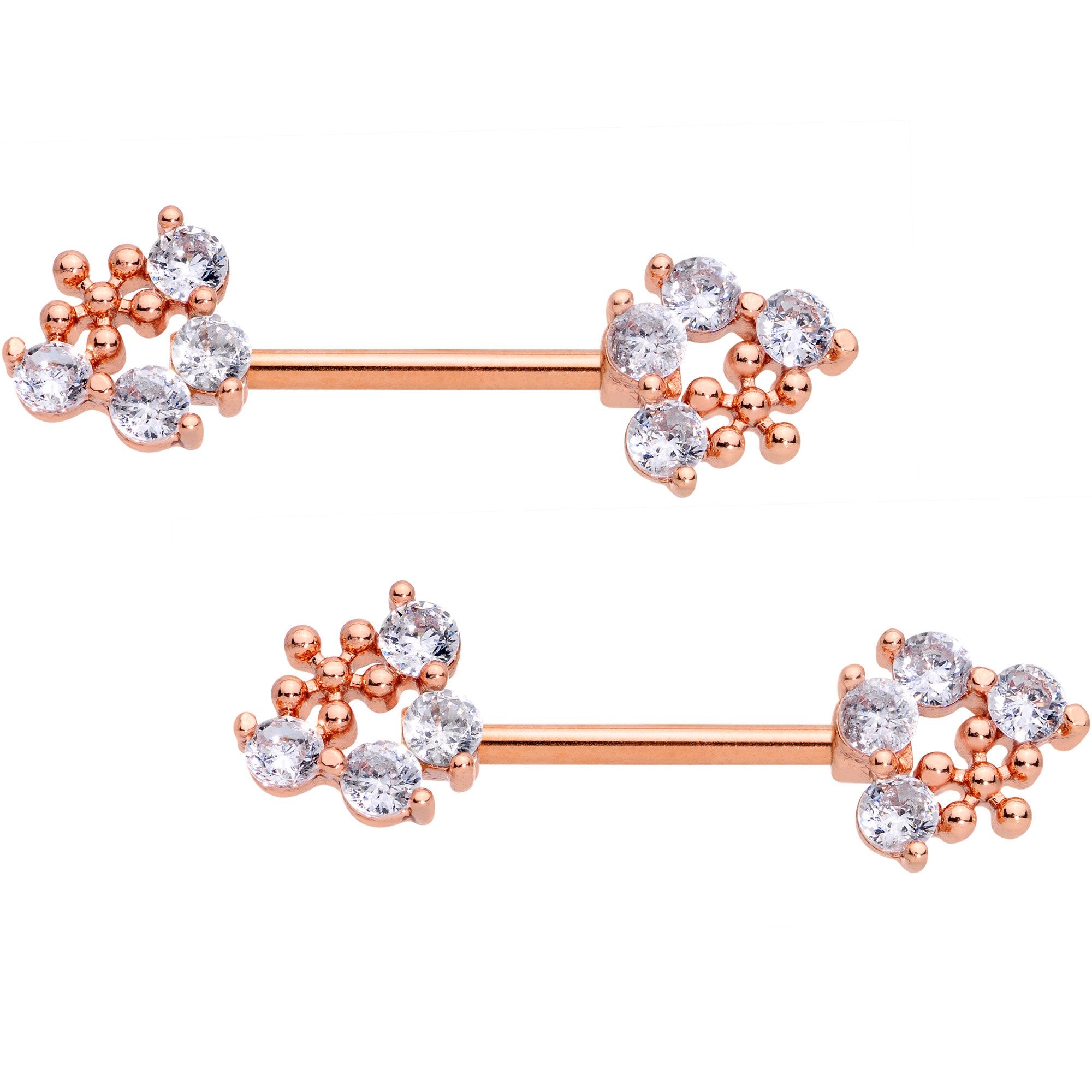 Clear Gem Rose Gold Tone Anodized Cluster Barbell Nipple Ring Set
