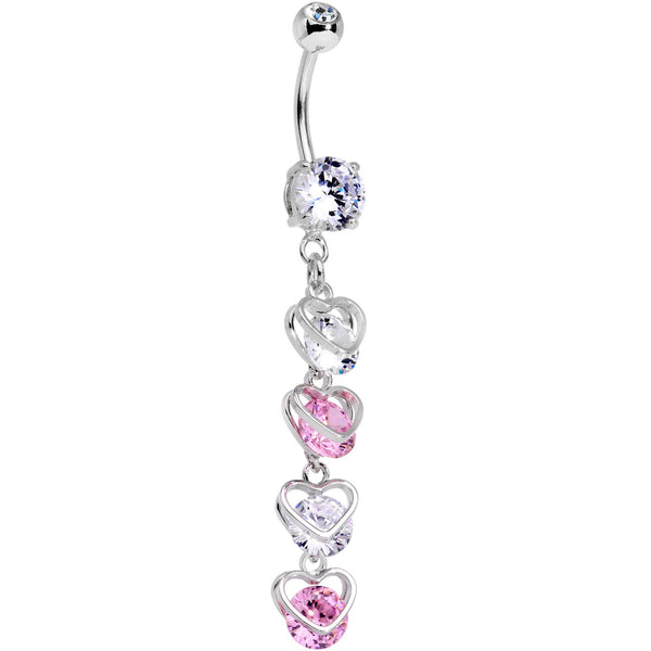 Clear Pink CZ Gem Heart Trap Dangle Belly Ring