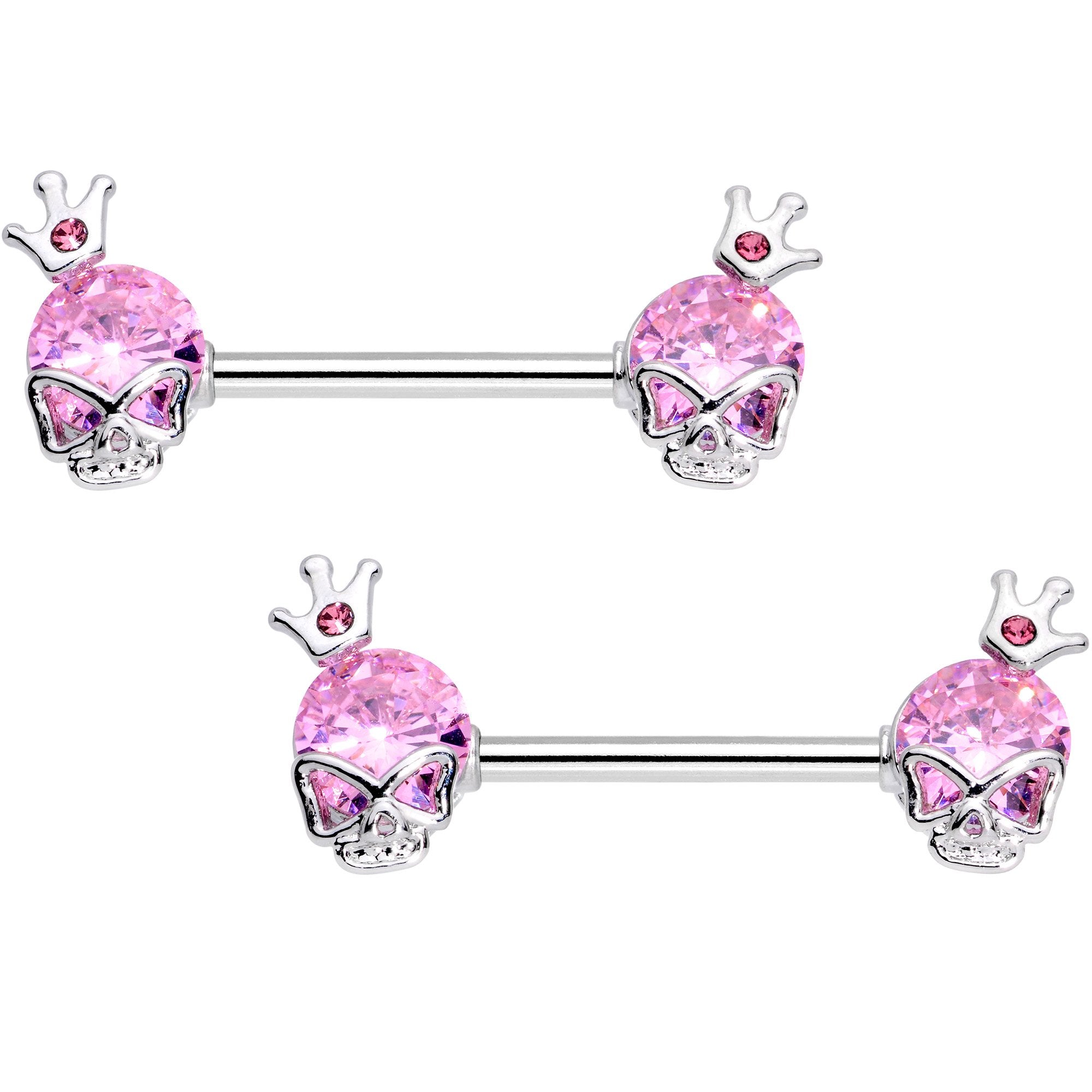 9/16 Pink Gem Queen Skull Barbell Nipple Ring Set