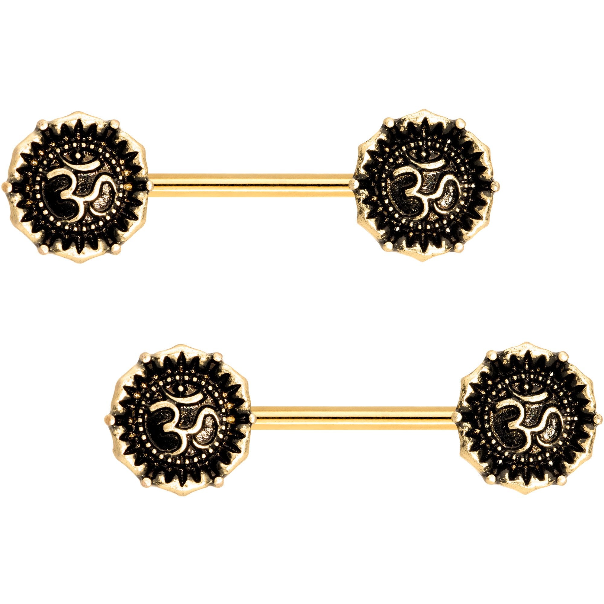 Gold Tone Anodized Spiritual Ohm Symbol Barbell Nipple Ring Set