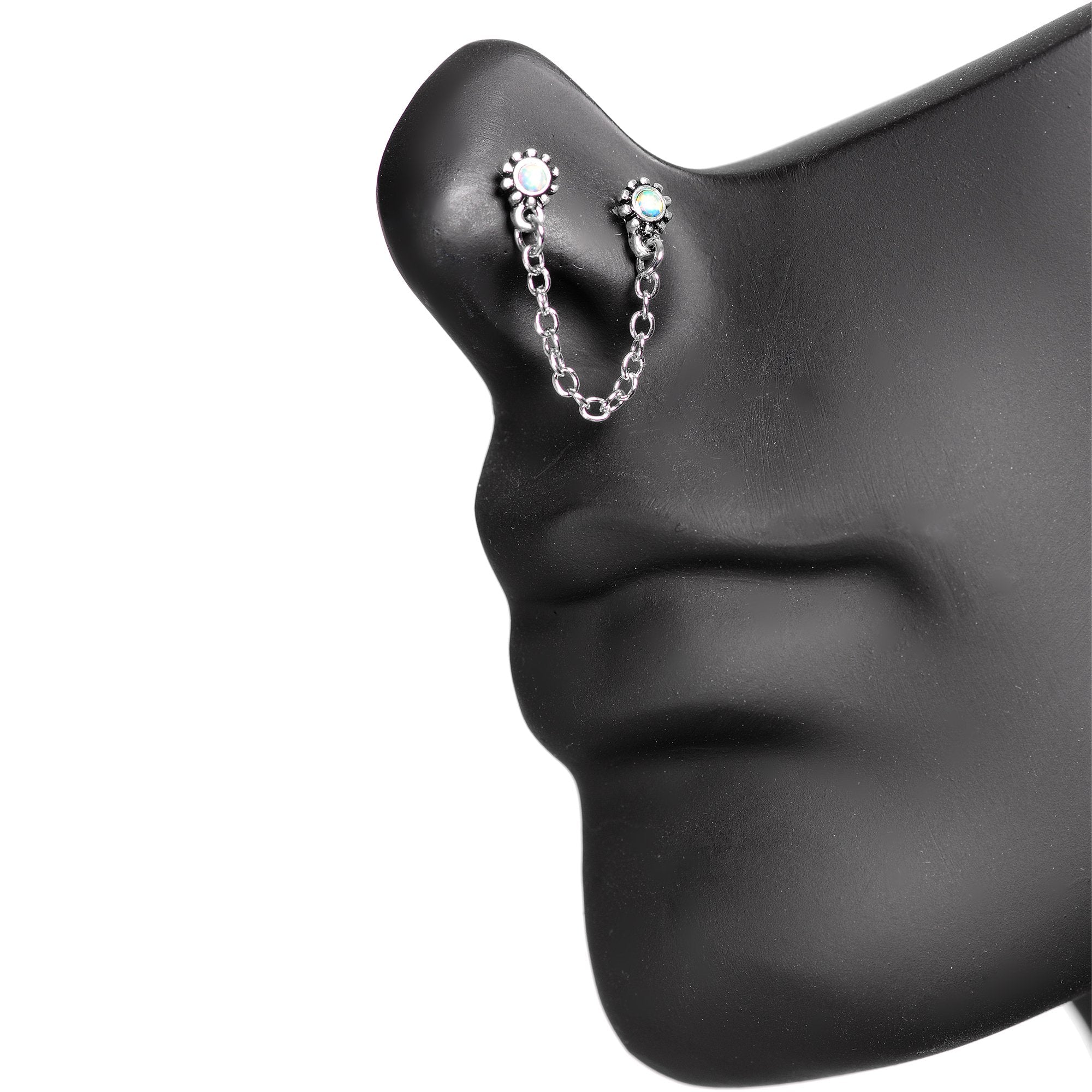 20 Gauge 1/4 White Synthetic Opal Chain Dangle Double Nose Bone