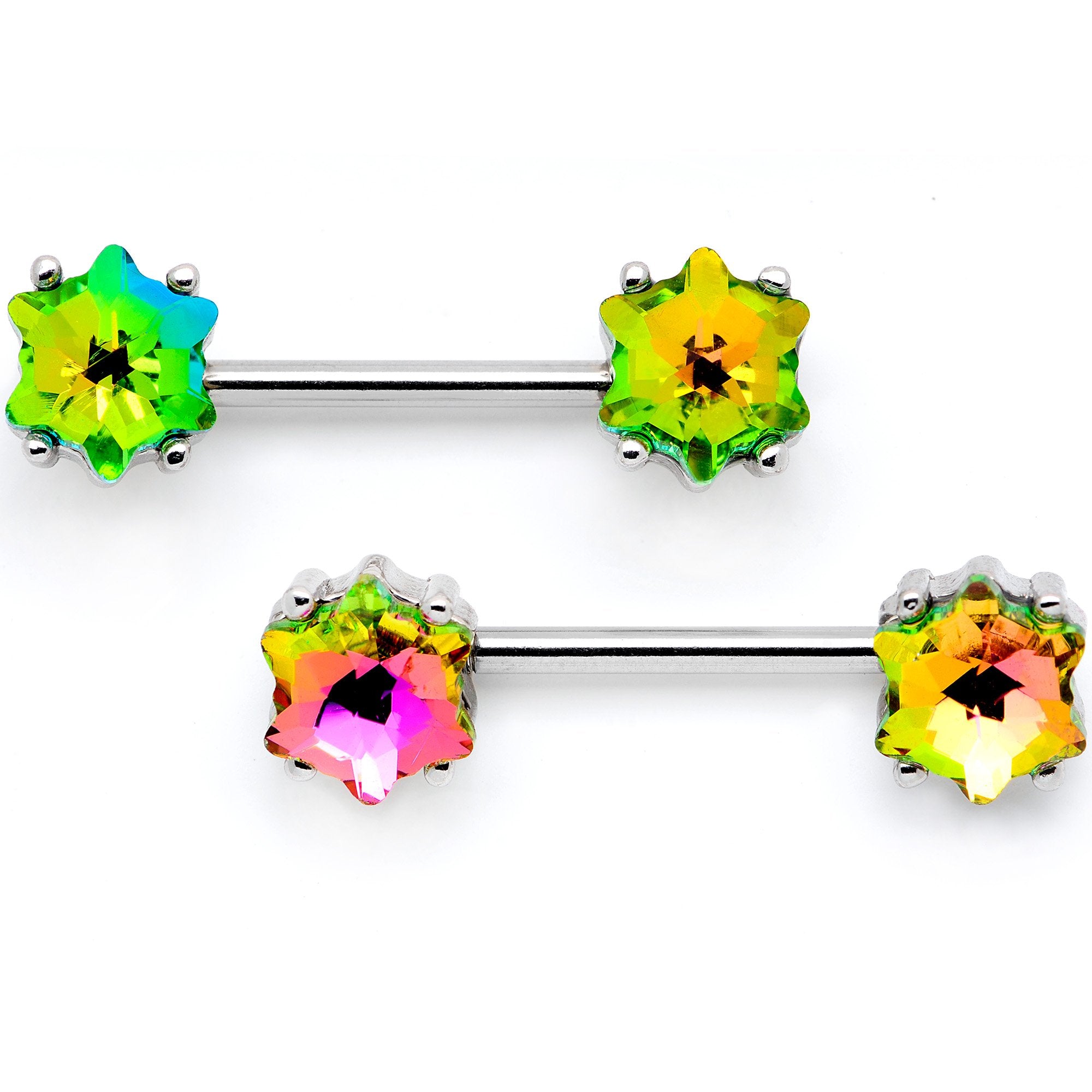 9/16 Rainbow Gem Supernova Barbell Nipple Ring Set