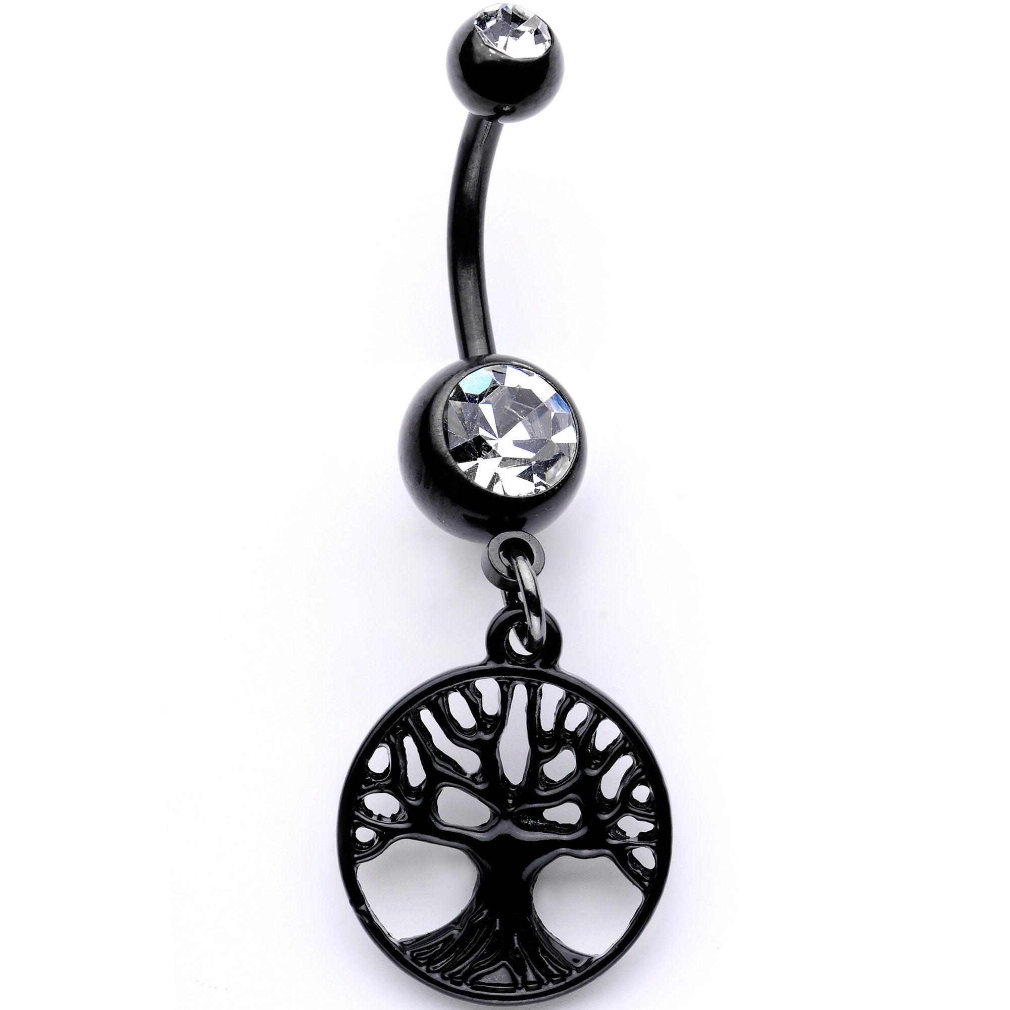 Clear Gem Black Anodized Tree of Life Charm Dangle Belly Ring