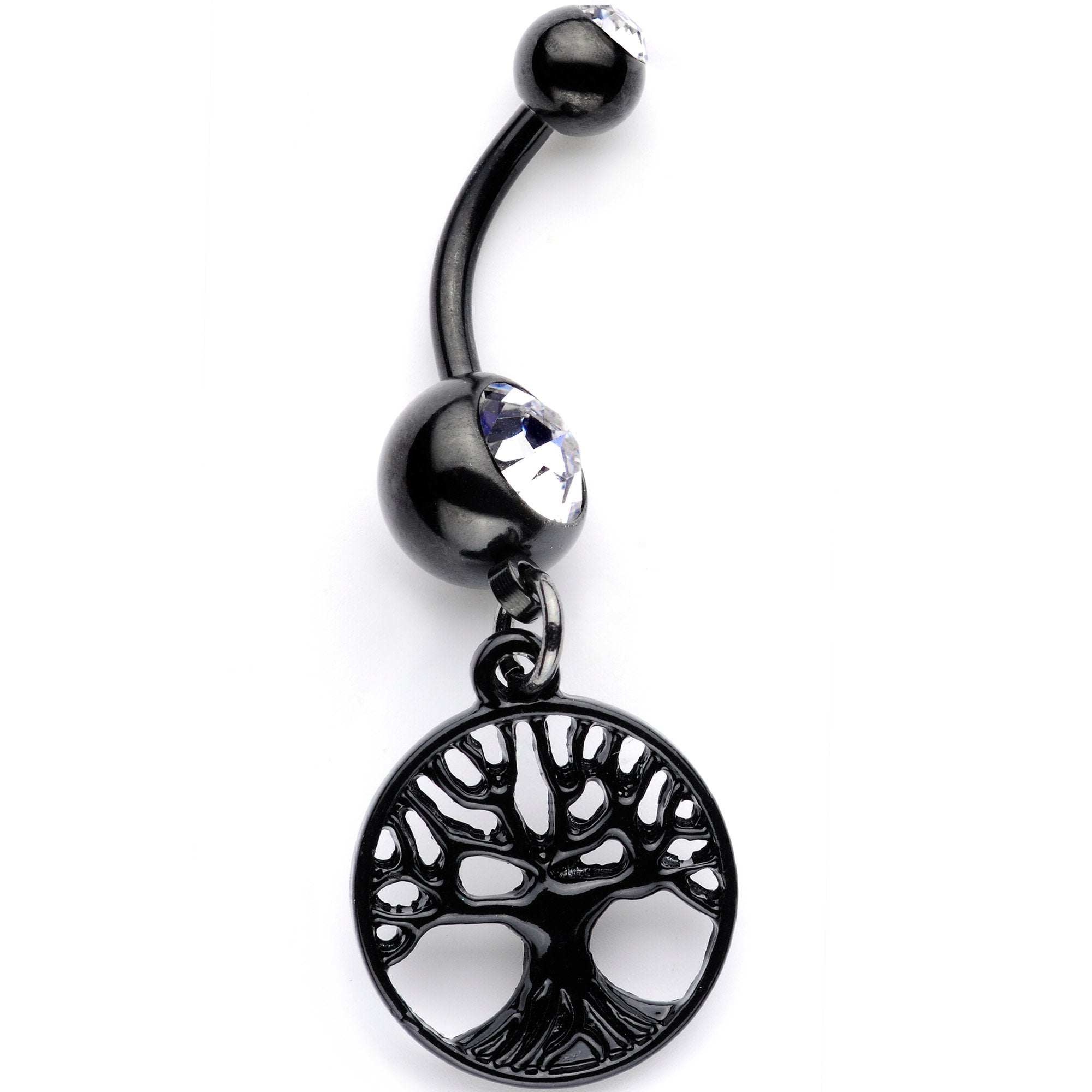 Clear Gem Black Anodized Tree of Life Charm Dangle Belly Ring