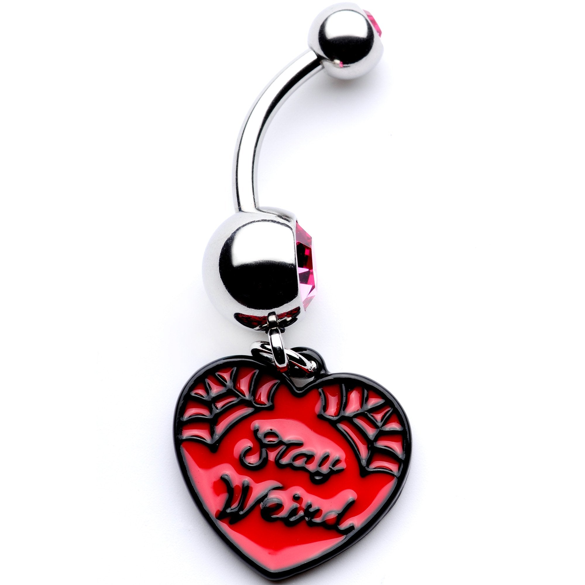 Pink Gem Stay Weird Red Heart Dangle Belly Ring
