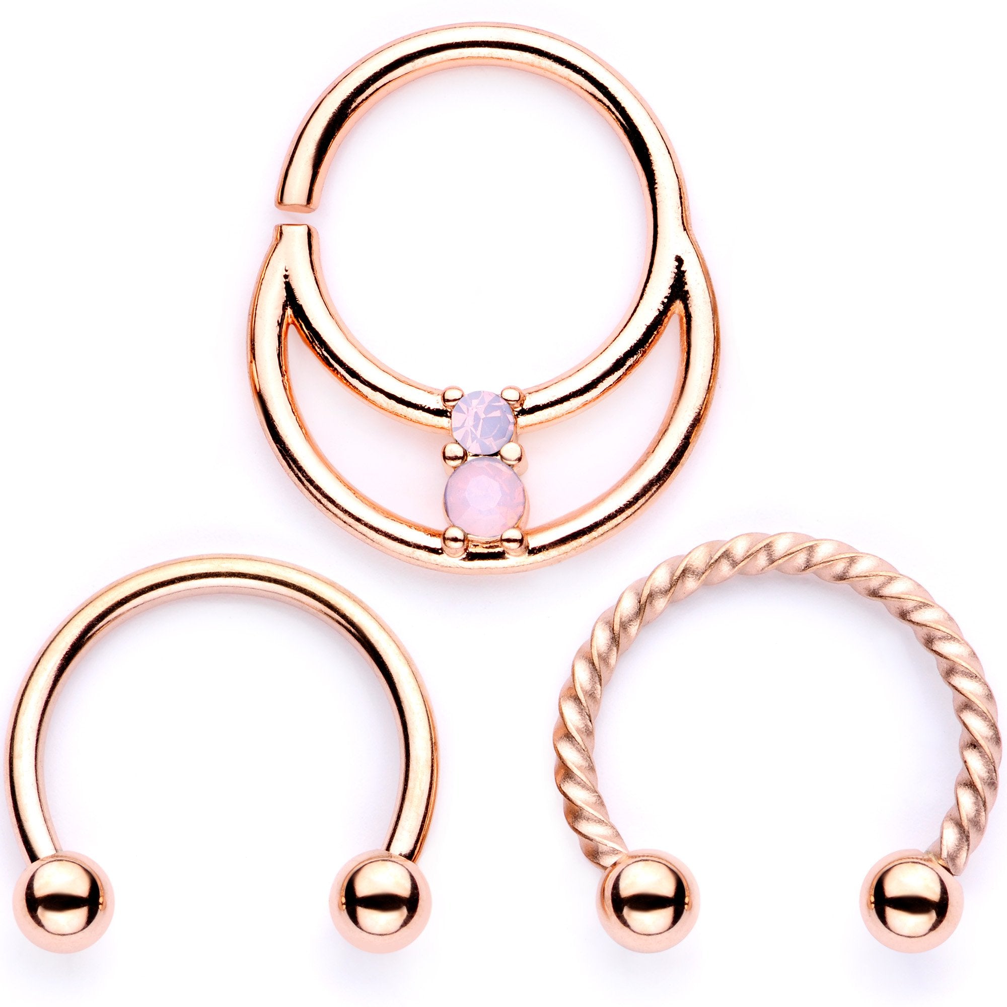 16 Gauge 3/8 Pink Faux Opal Rose Gold Tone Horseshoe Closure Ring Set