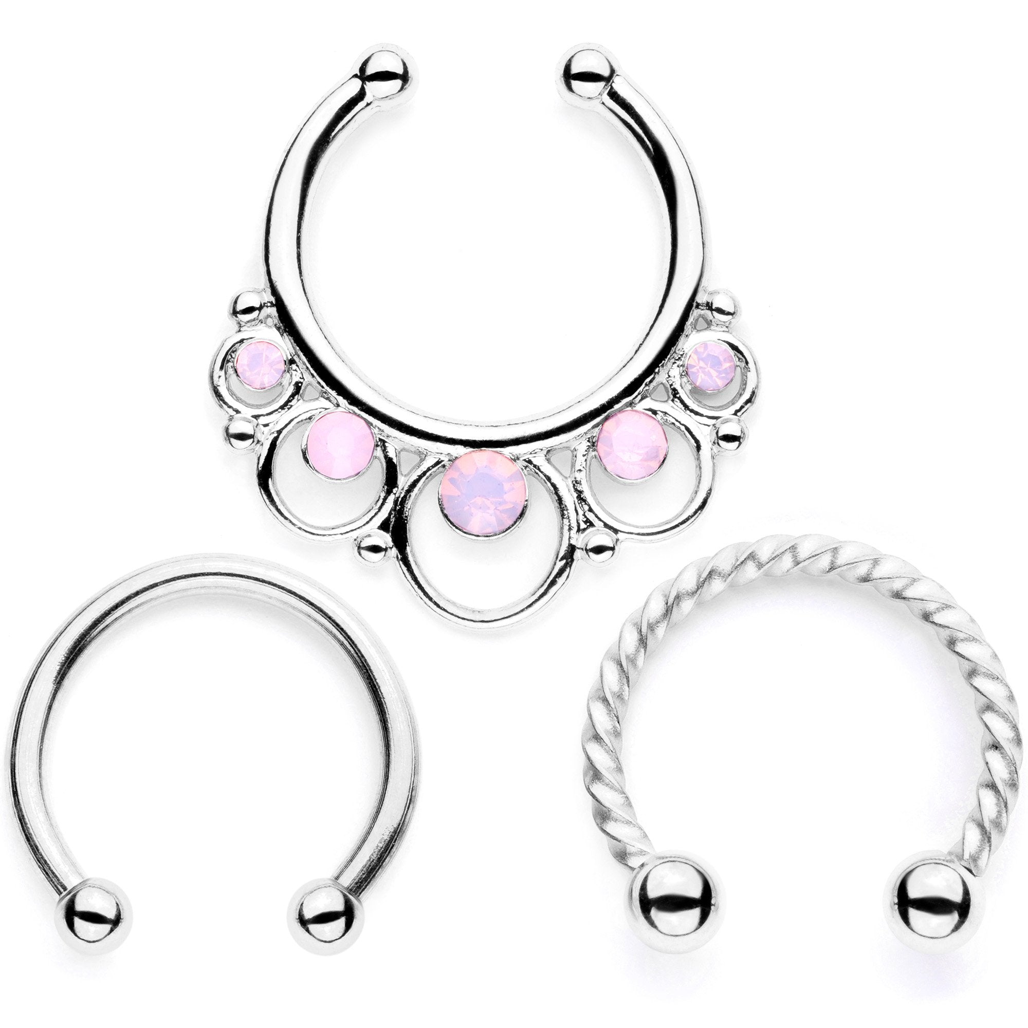 16 Gauge Pink Faux Opal Twisted Horseshoe Clip On Fake Septum Ring Set