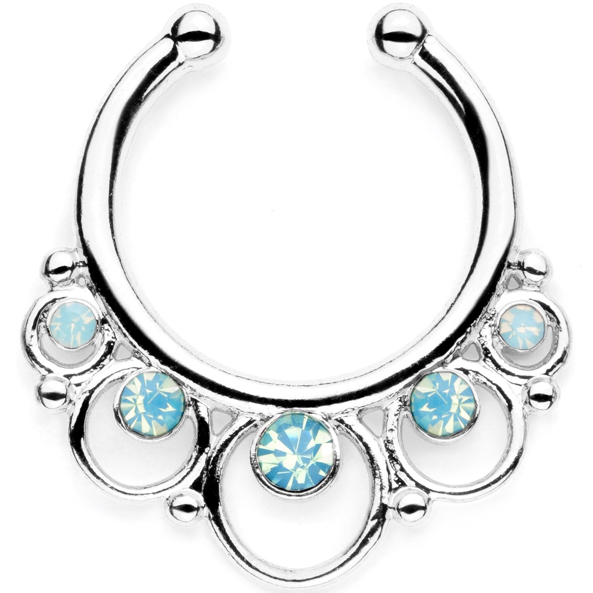 16G Teal Faux Opal Twisted Horseshoe Clip On Fake Septum Ring Set