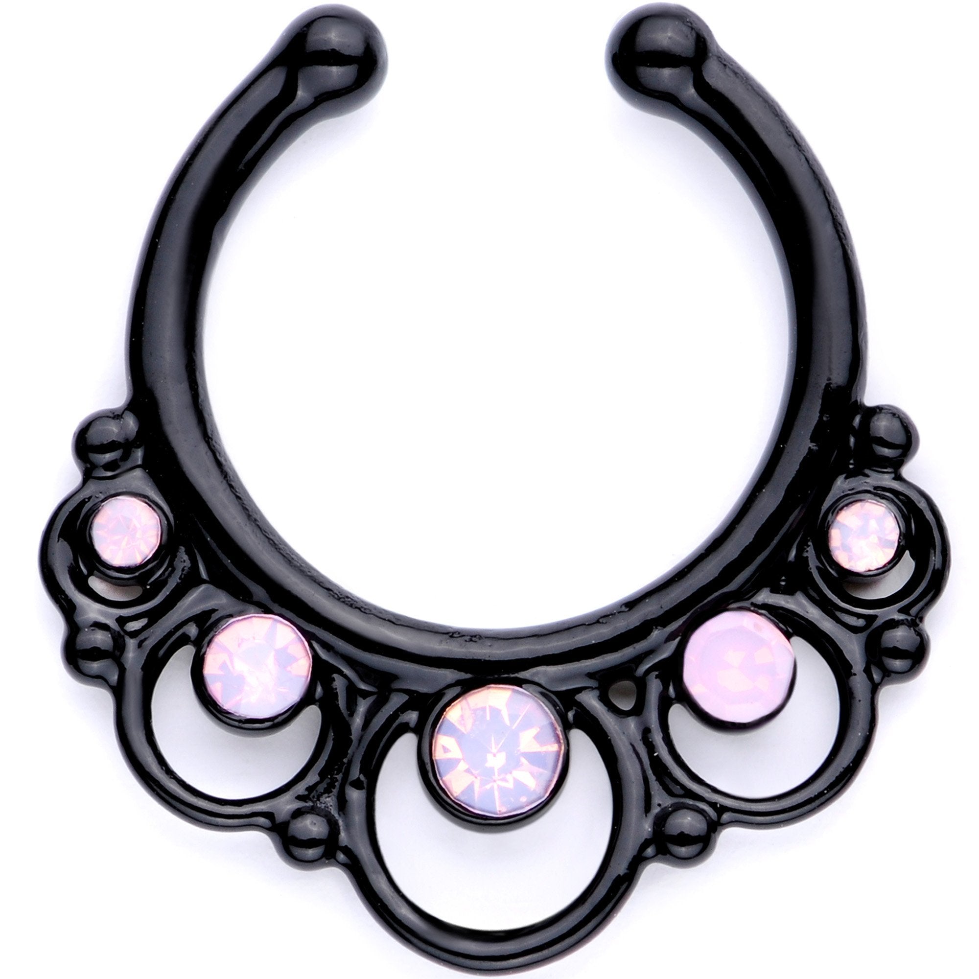 16 Gauge Pink Faux Opal Black Anodized Twisted Horseshoe Clip On Fake Septum Ring Set