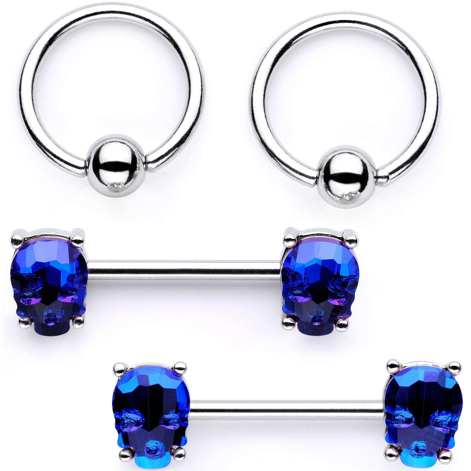 14 Gauge Blue Sugar Skull Captive Ring Barbell Nipple Ring Set