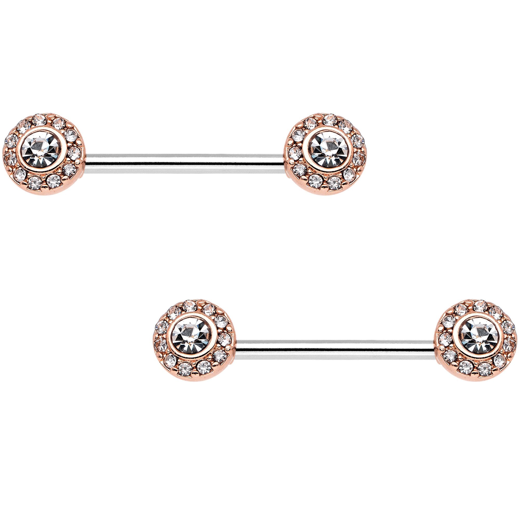 Clear Gem Rose Gold Tone Circular Cluster Barbell Nipple Ring Set