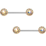 14 Gauge 9/16 Aurora Gem Gold Tone Cluster Barbell Nipple Ring Set