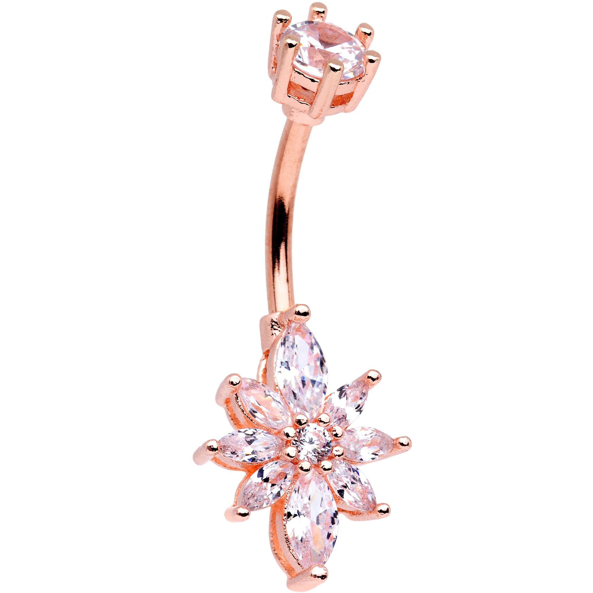 Clear Gem Rose Gold Tone Plated Flower Double Mount Belly Ring