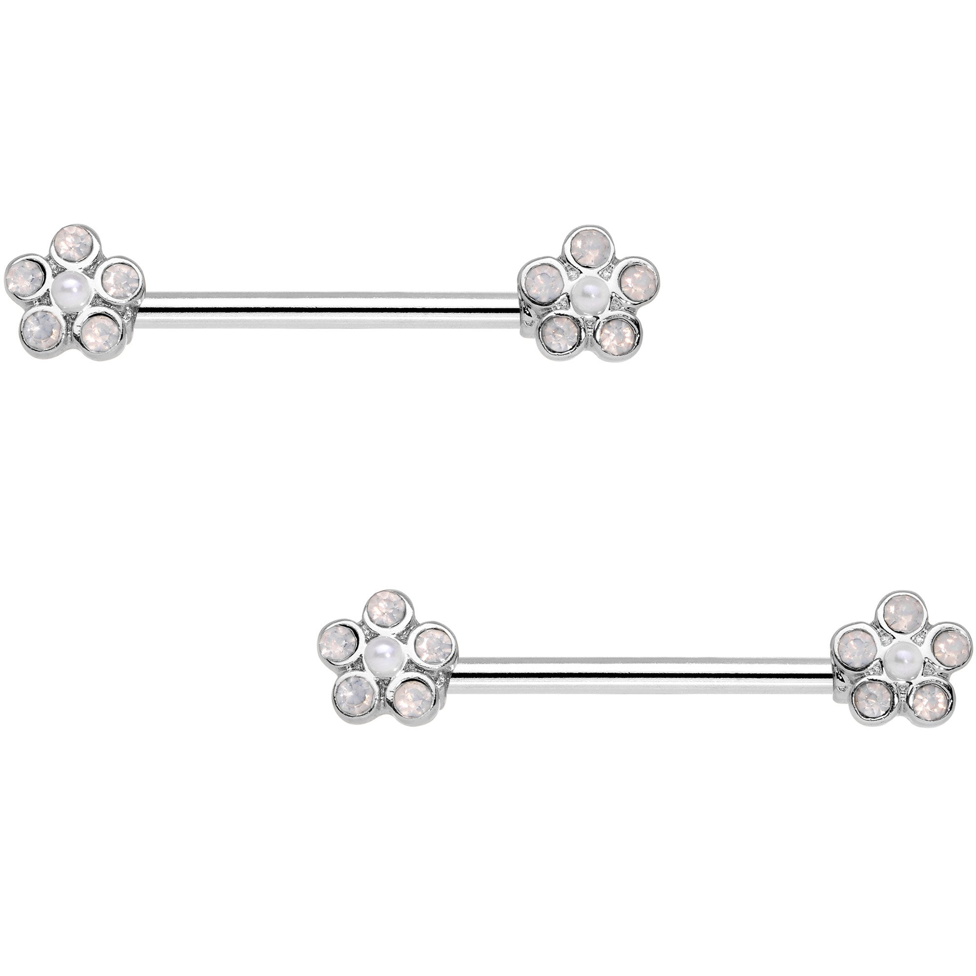 White Faux Opal Bubbly Flower Barbell Nipple Ring Set