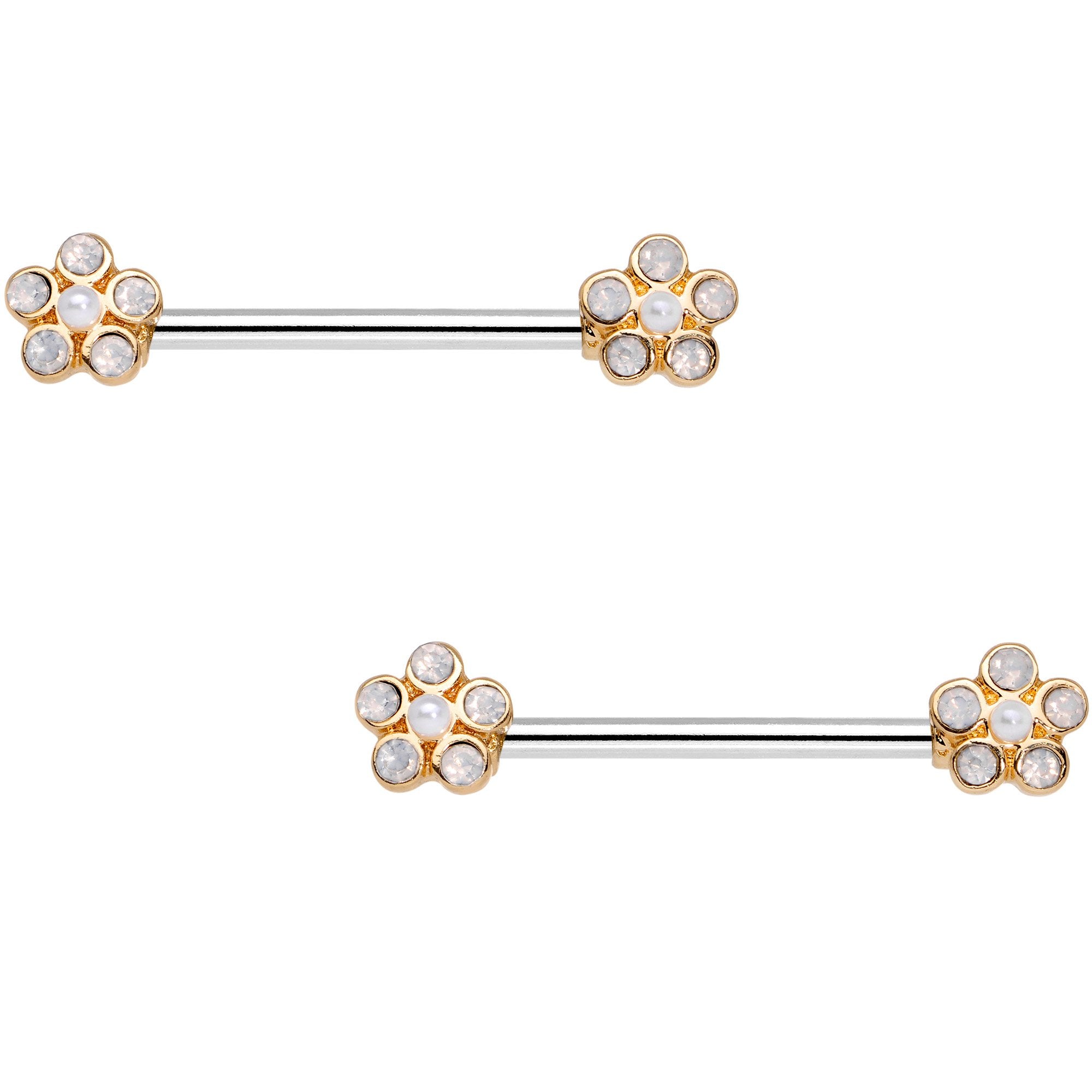 Clear Gem Gold Tone Bubbly Flower Barbell Nipple Ring Set