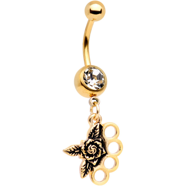 Clear CZ Gem Gold Plated Badass Brass Knuckles Dangle Belly Ring