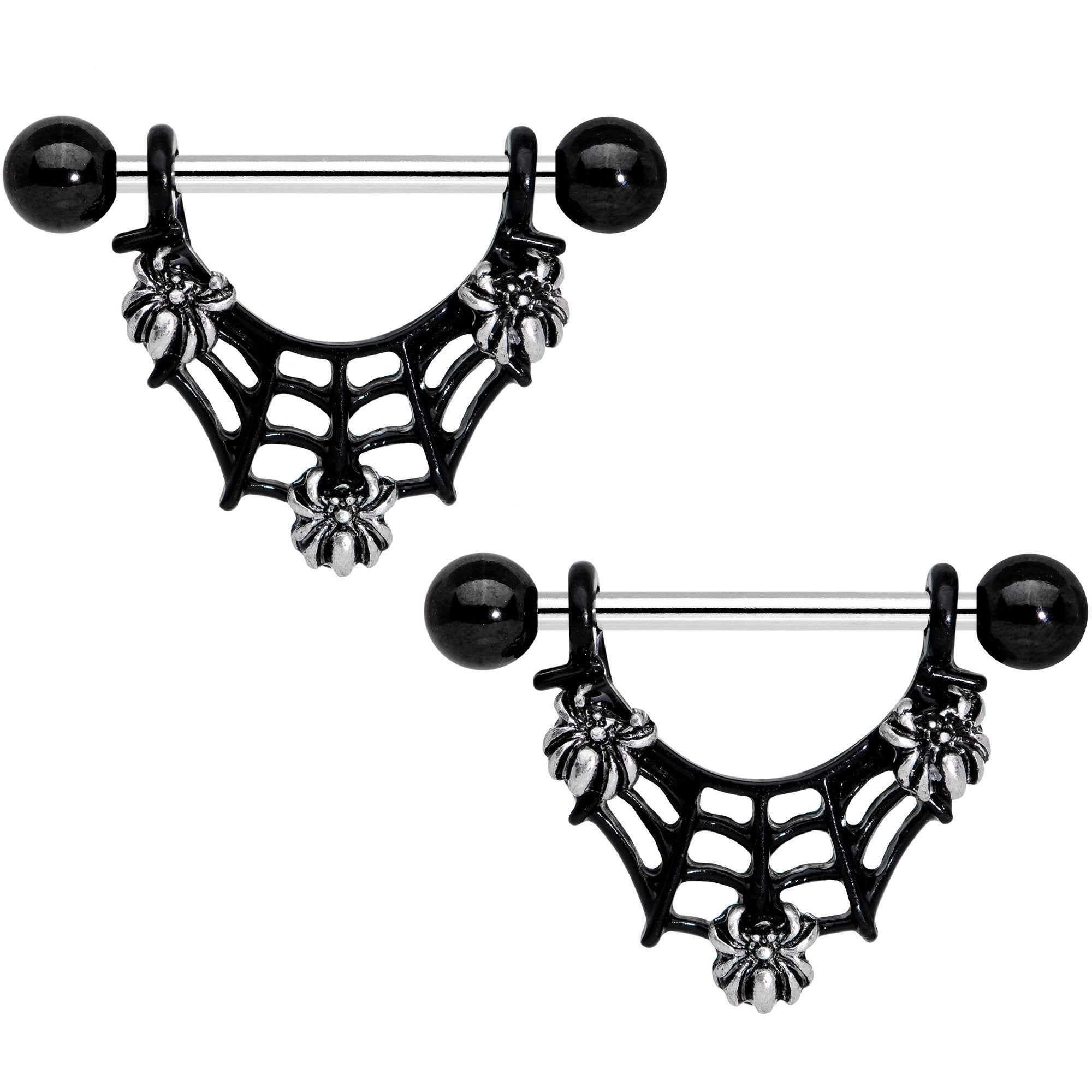 9/16 Black Spooky Spiders Dangle Barbell Nipple Ring Set