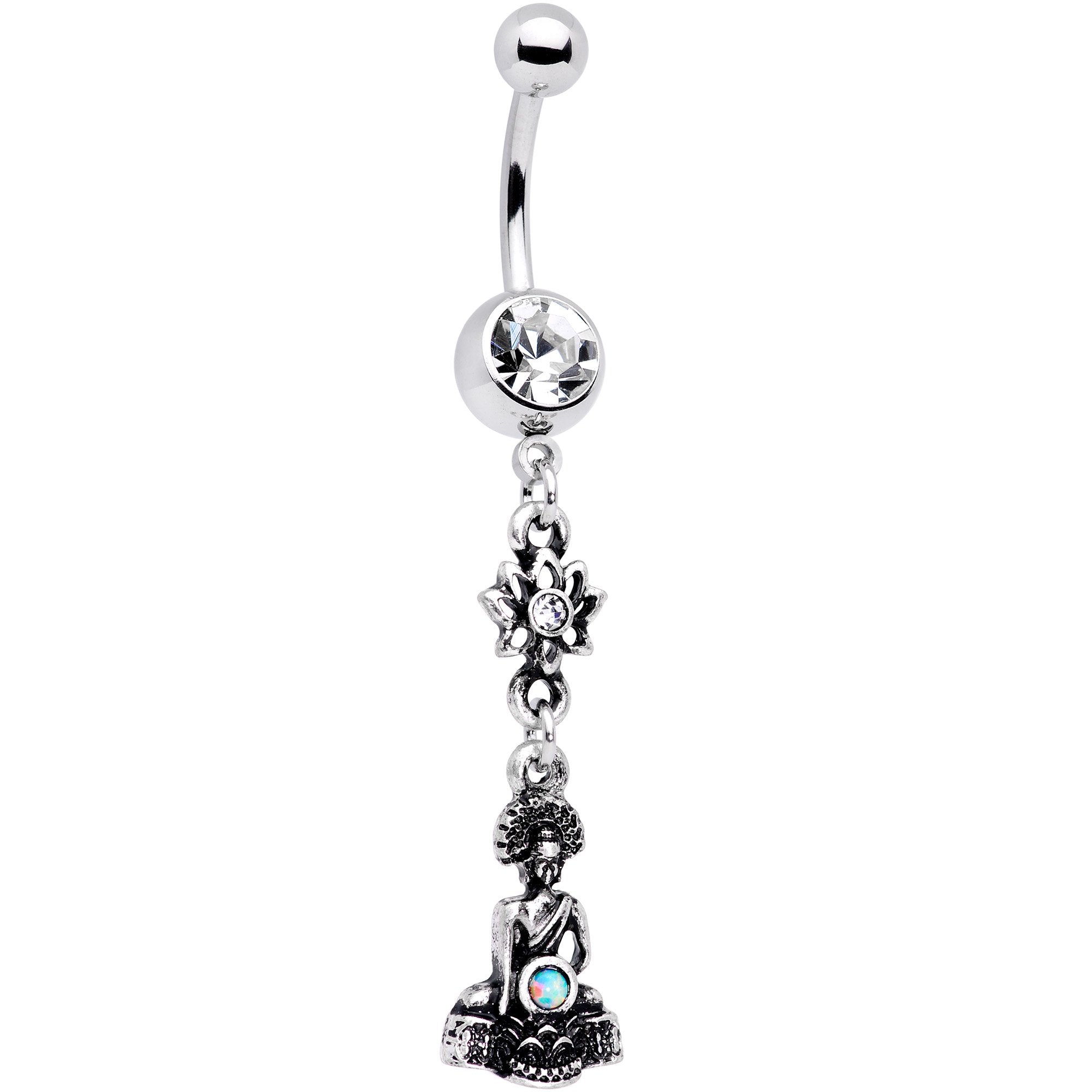 White Synthetic Opal Buddha and Lotus Flower Dangle Belly Ring