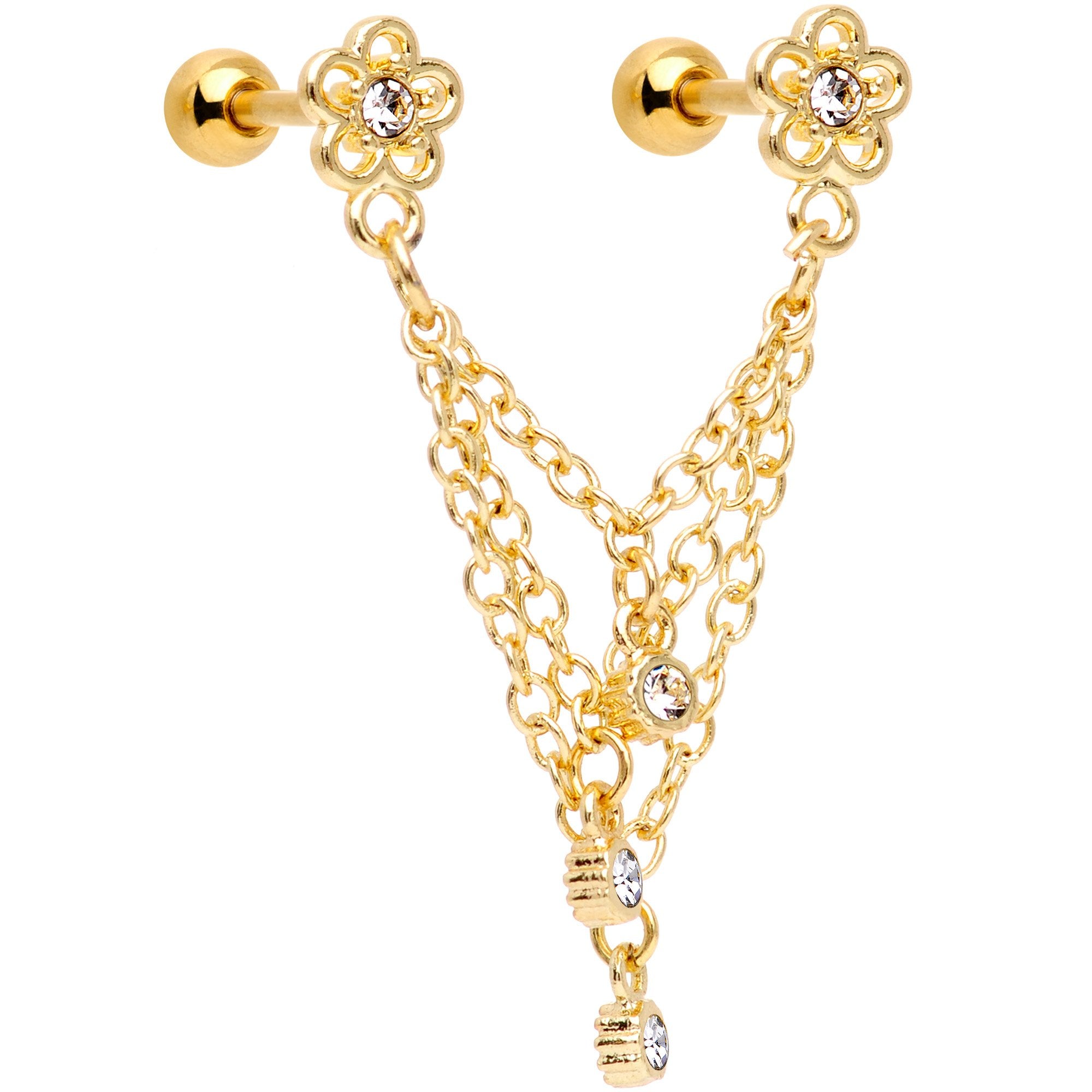 16 Gauge 1/4 Clear Gem Gold PVD Flower Cartilage Chain Earring