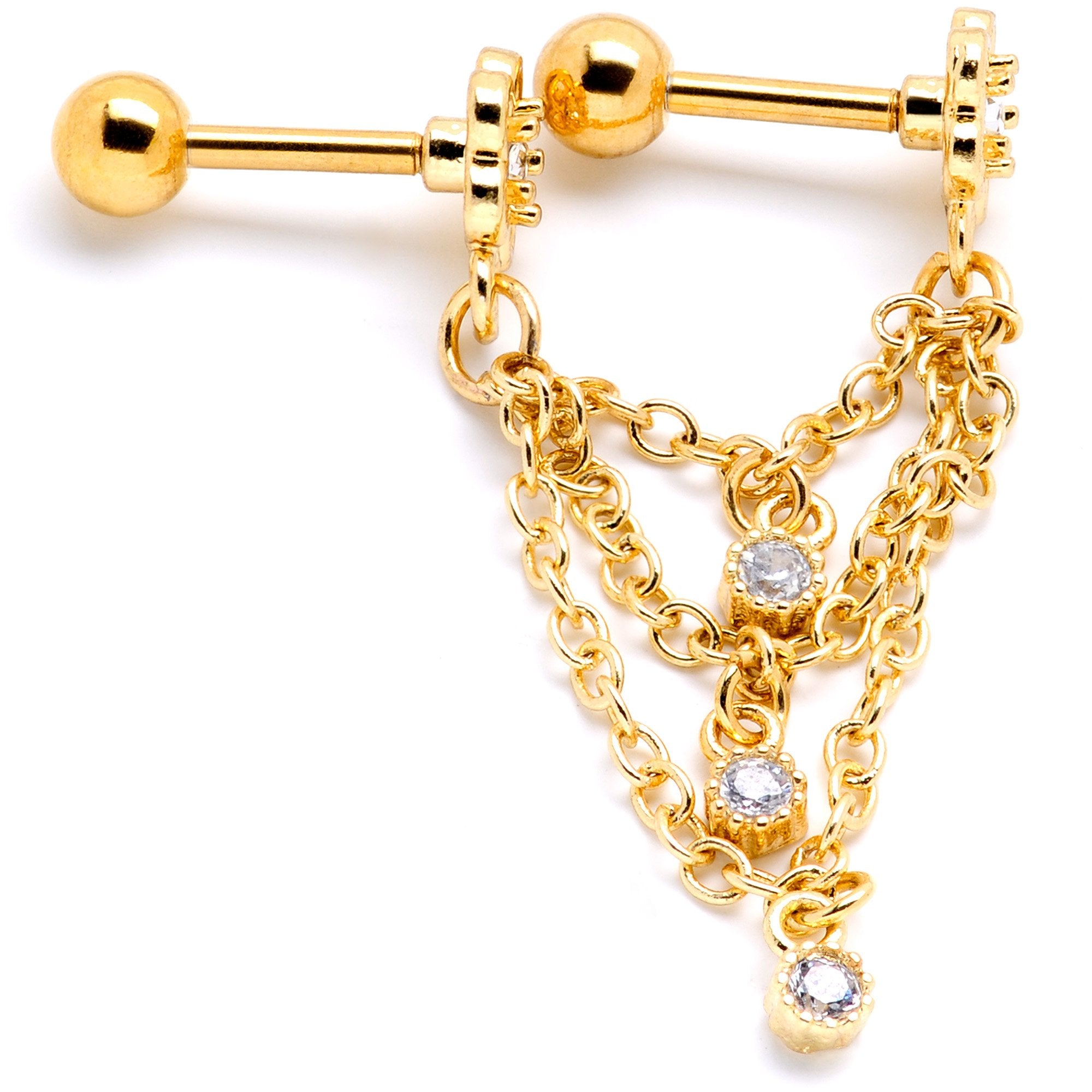 16 Gauge 1/4 Clear Gem Gold PVD Flower Cartilage Chain Earring