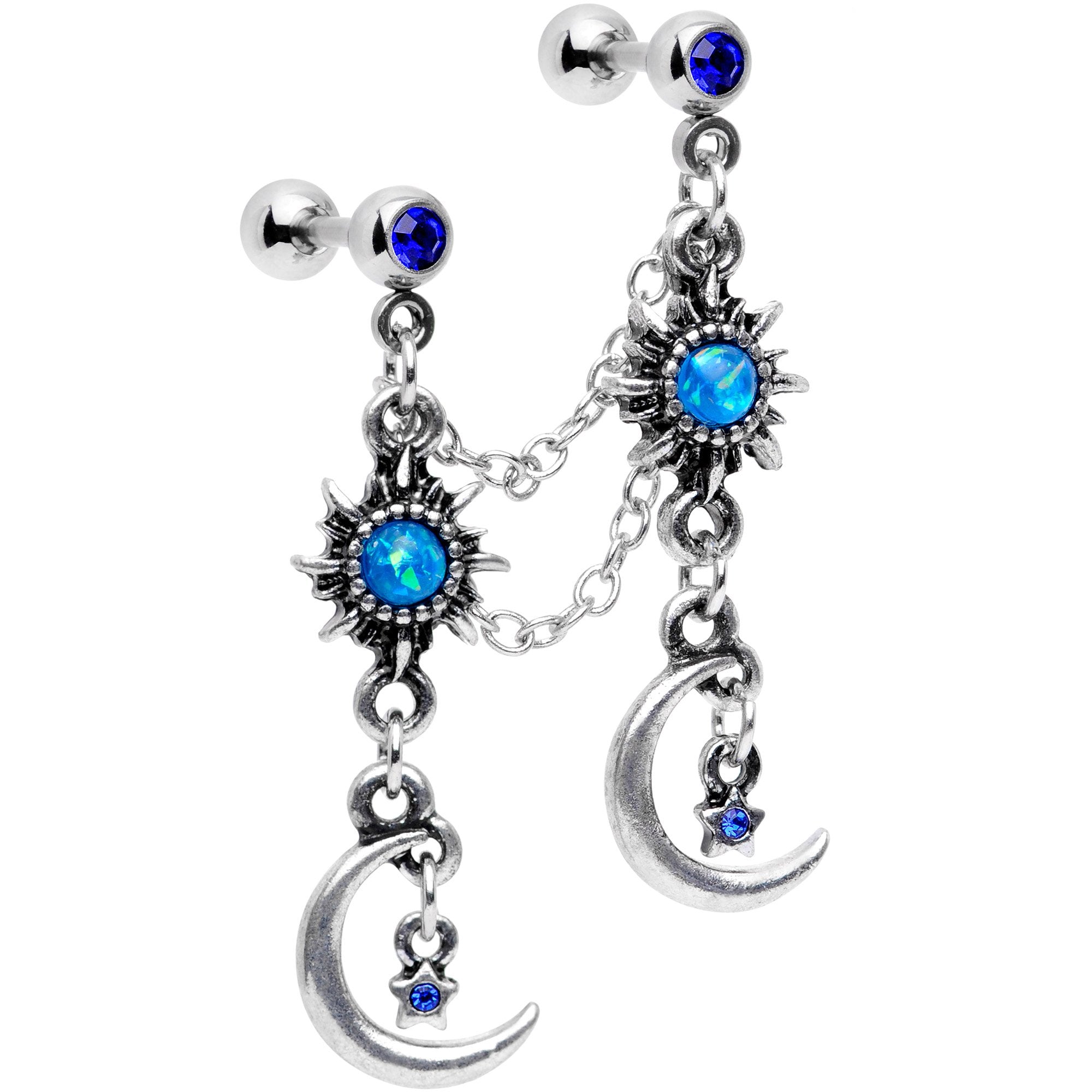 16 Gauge 1/4 Blue Gem Crescent Moon Star Cartilage Chain Earring