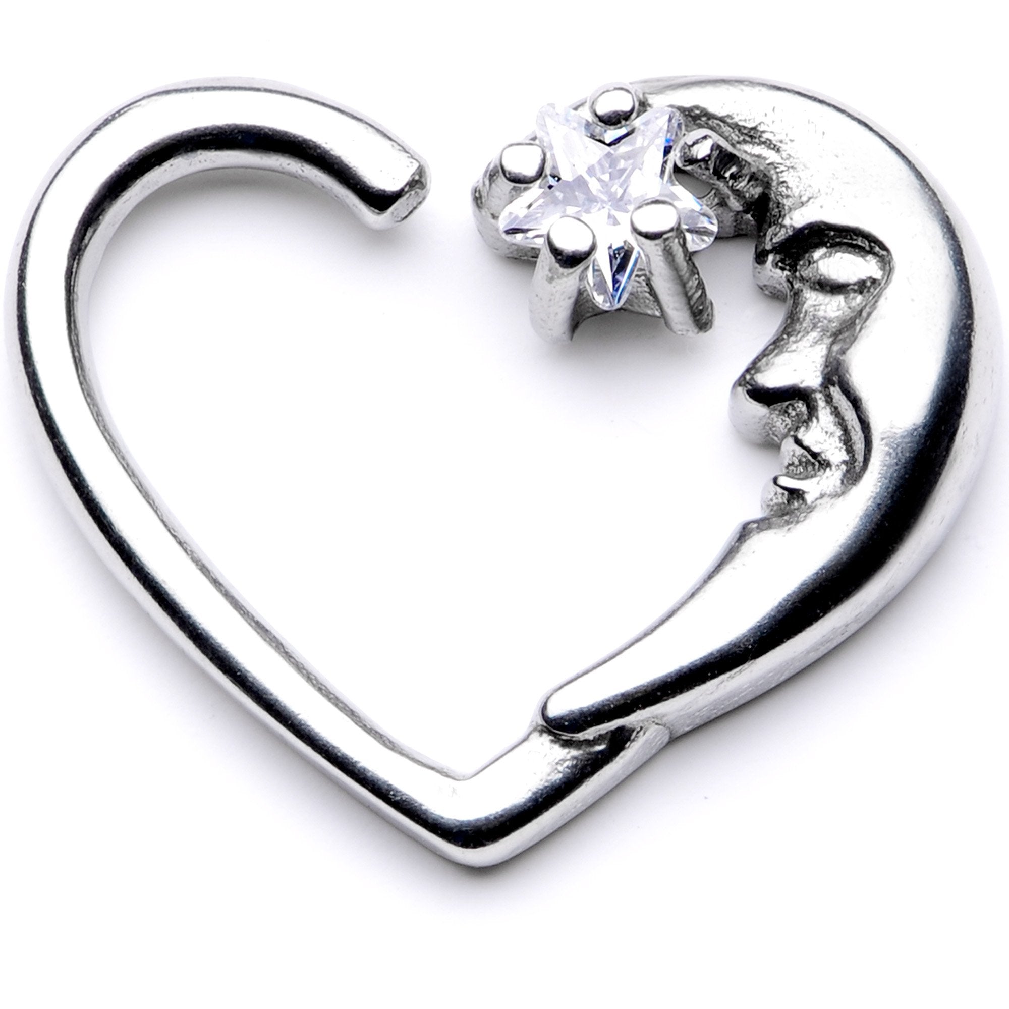 16G 3/8 Clear CZ Gem Star in the Moon Left Heart Closure Ring