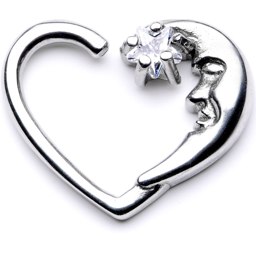 16 Gauge 3/8" Clear CZ Gem Star in the Moon Left Heart Closure Ring